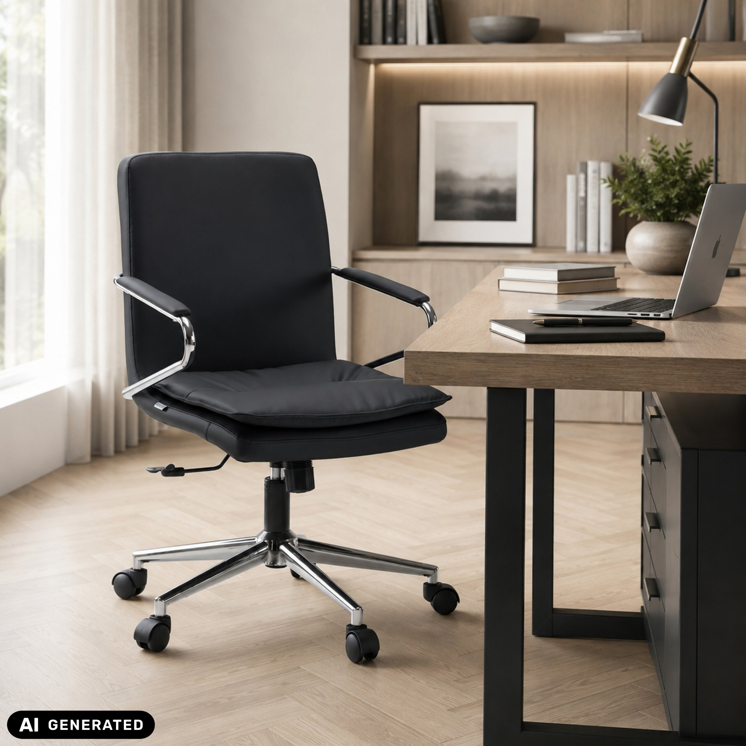 Ein schwarzer Bürostuhl steht vor einem Holztisch mit Laptop in einem hellen Raum.