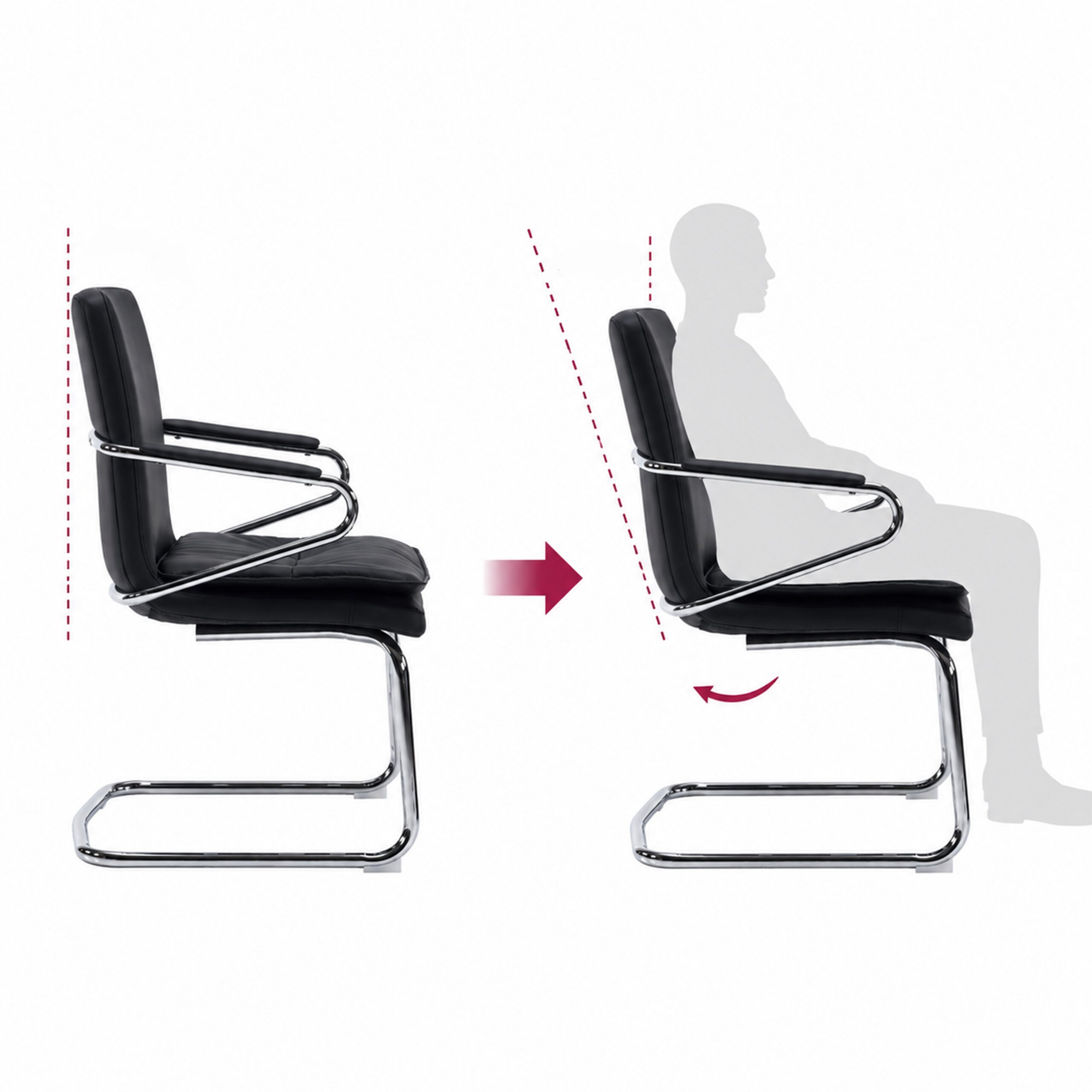 Diagramm zeigt einen schwarzen Freischwinger und eine sitzende Person, die den Stuhl nach hinten neigt.
