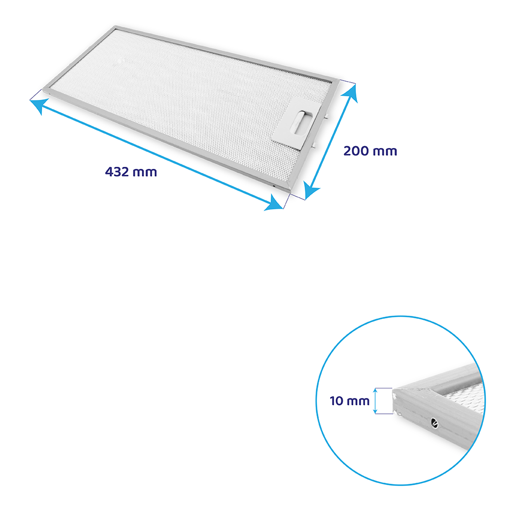 Rechteckiger Metallfilter mit den Maßen 432x200x10 mm und einem Griff.
