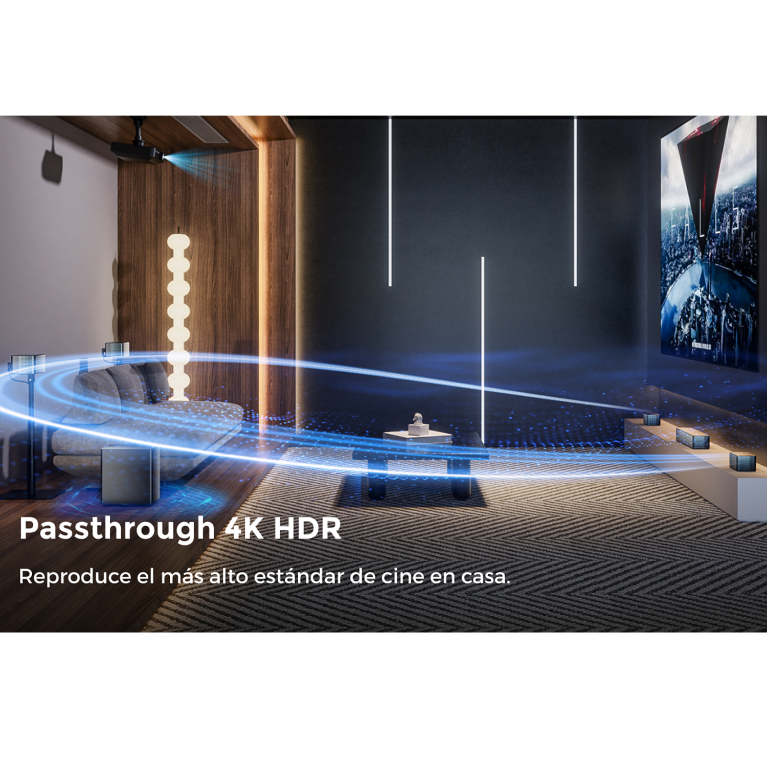 Cine en casa moderno con visualización de sonido envolvente, proyector, pantalla grande y luces verticales.