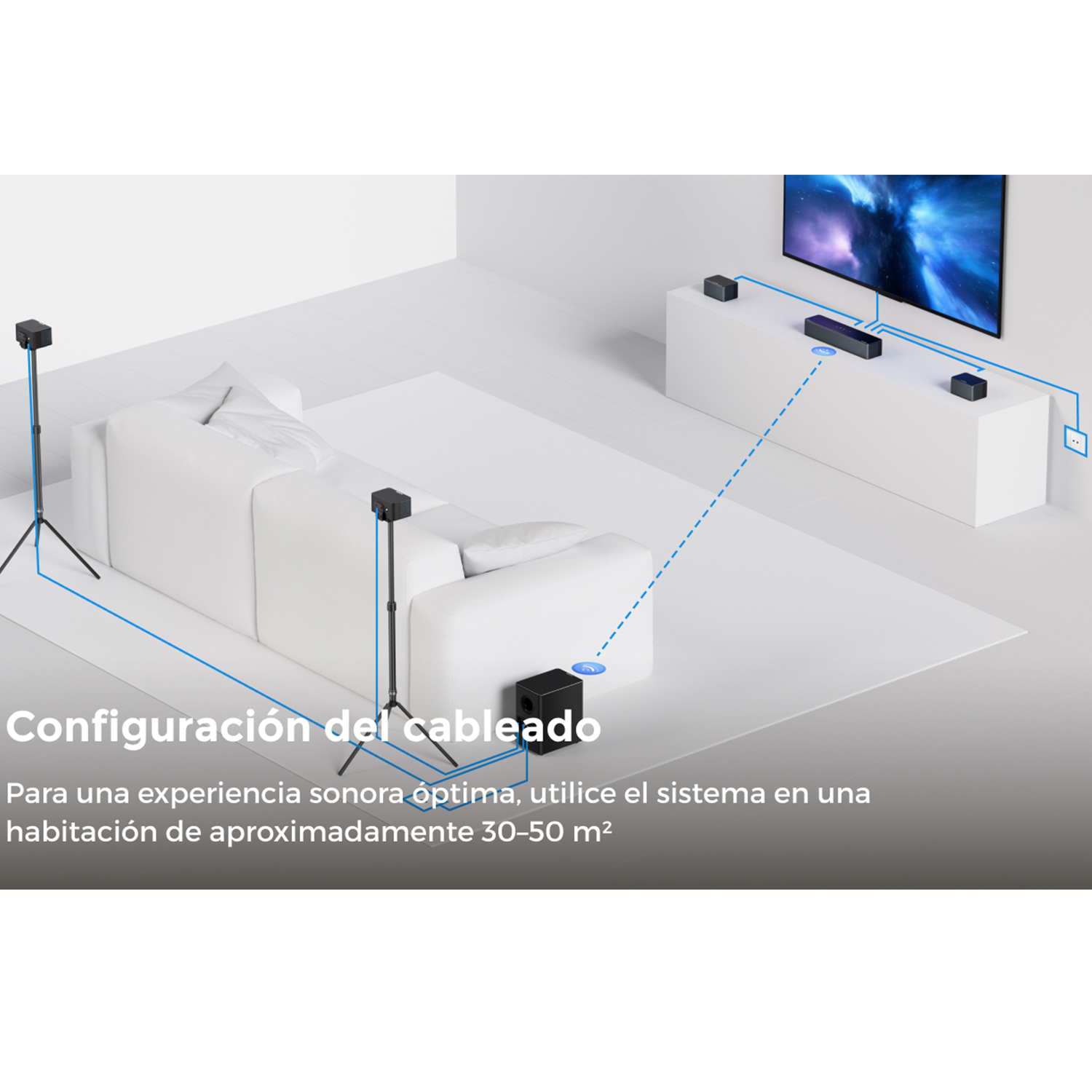 Sala con sistema de cine en casa, sofá, televisor y líneas de cableado azules.