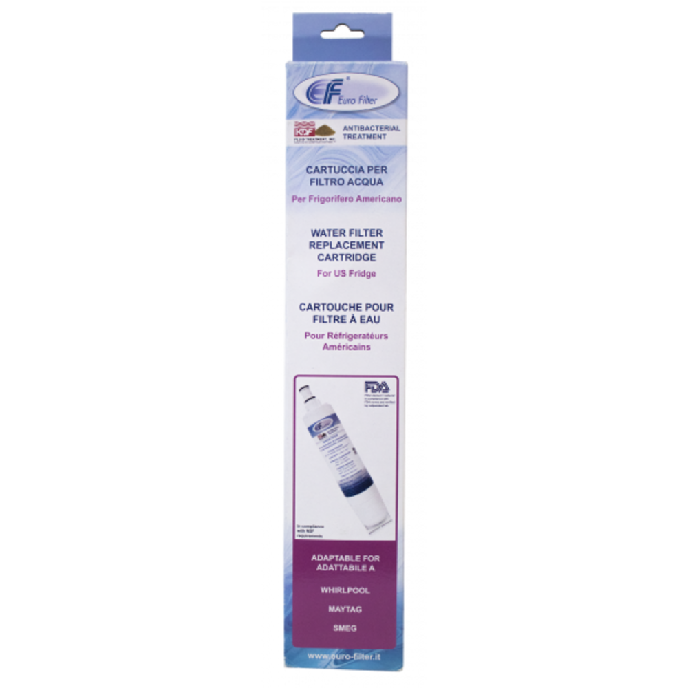 Blaue Verpackung einer Euro Filter Wasserfilterpatrone für US-Kühlschränke gegen schwarzem Hintergrund.
