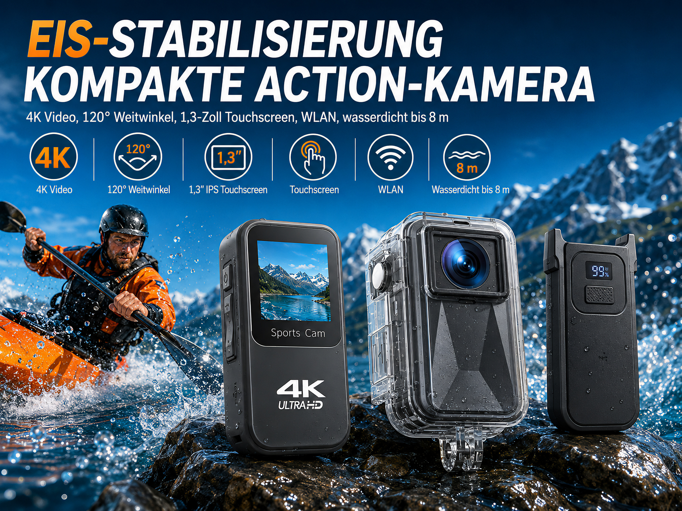 Eine Action-Kamera auf einem Felsen, im Hintergrund ein Kajakfahrer und schneebedeckte Berge.