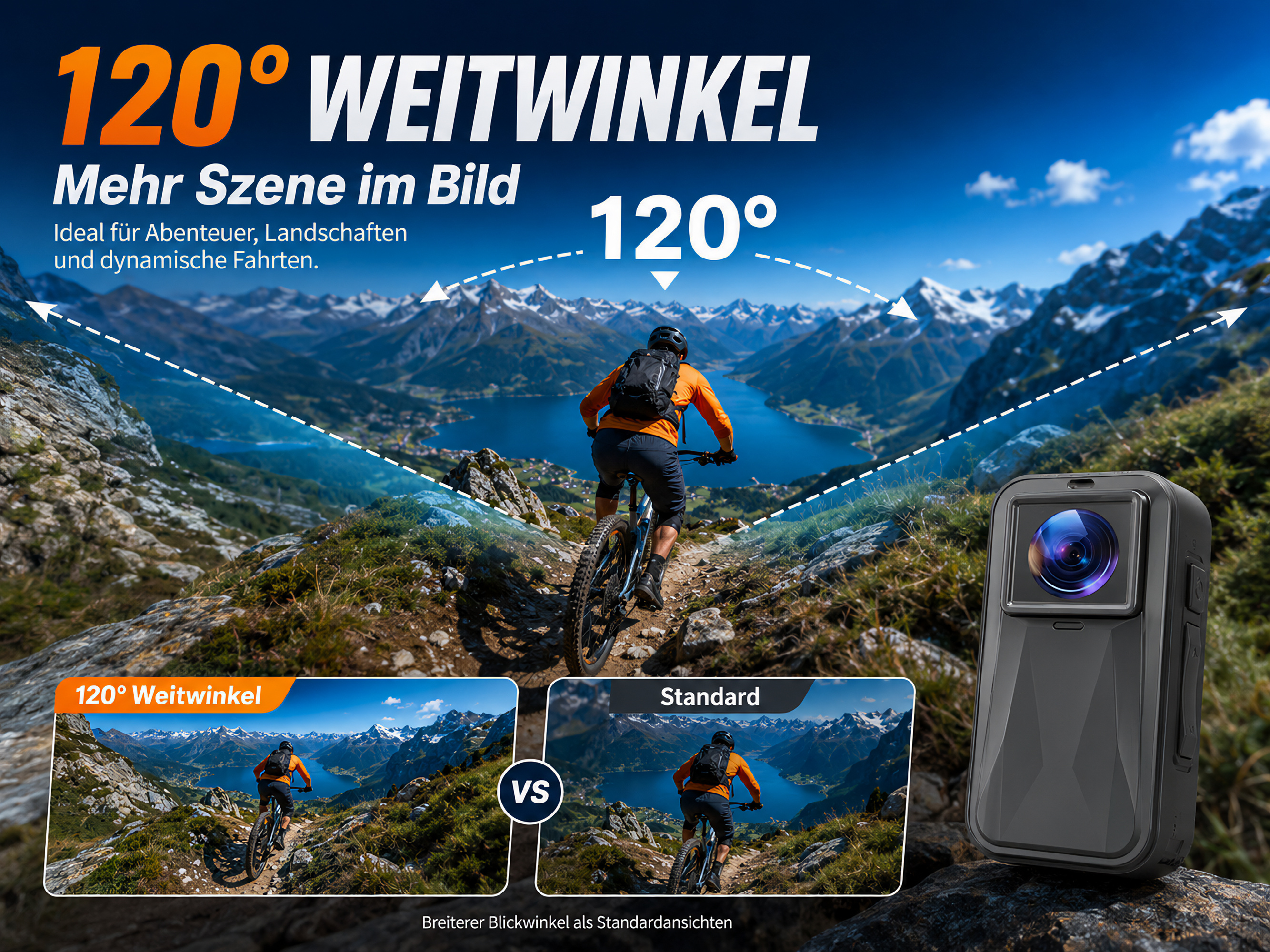 Ein Bergsteiger fährt Mountainbike vor einer Seelandschaft, neben einer Kamera und Vergleichsbildern.