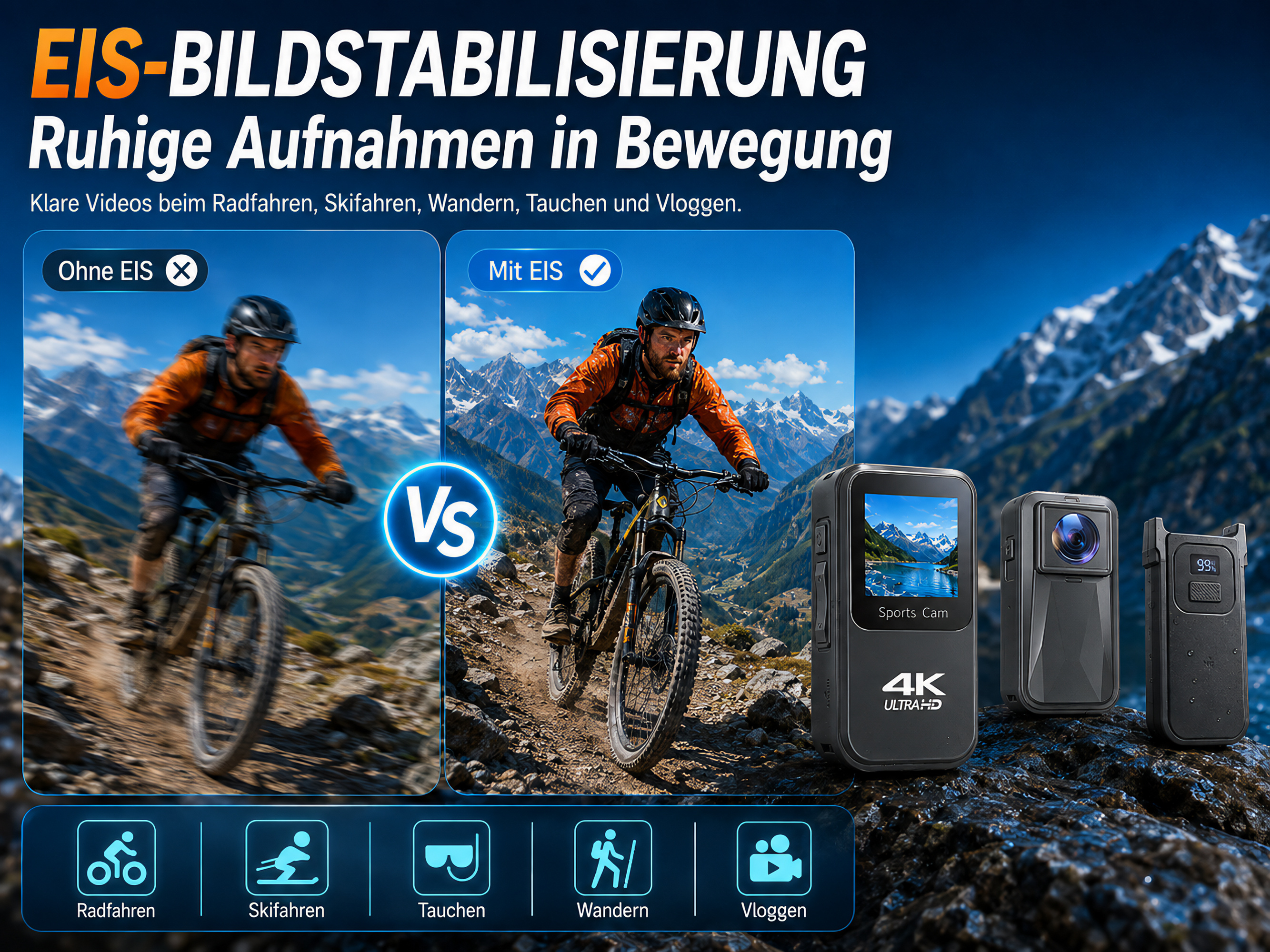 Vergleich von Action-Kamerabildern mit und ohne EIS, mit drei Kameras rechts.