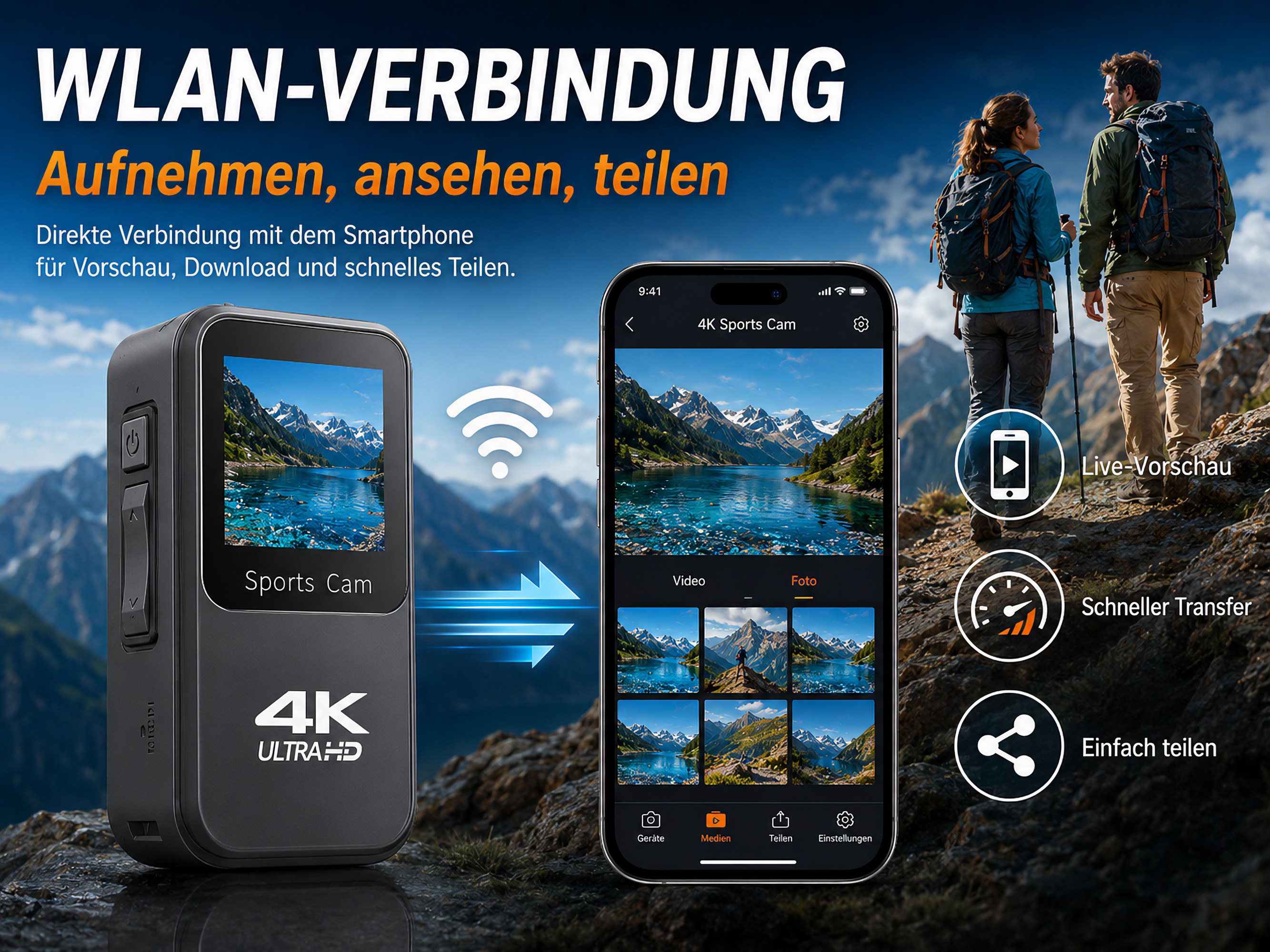 WLAN-Sportkamera mit Smartphone-App und Bergblick im Hintergrund.