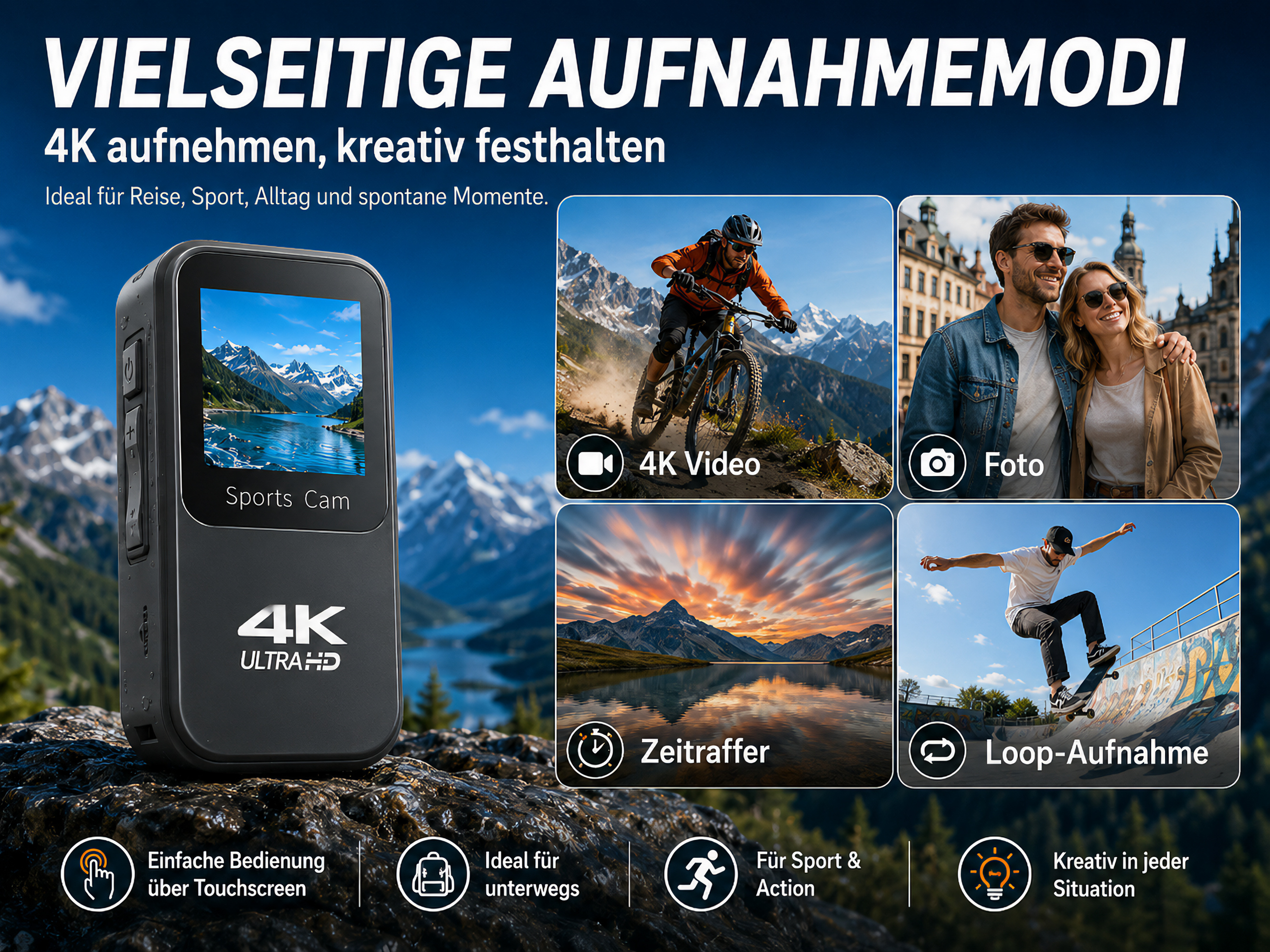 Eine Sports Cam mit 4K Ultra HD und verschiedenen Aufnahmemodi für Sport und Abenteuer.