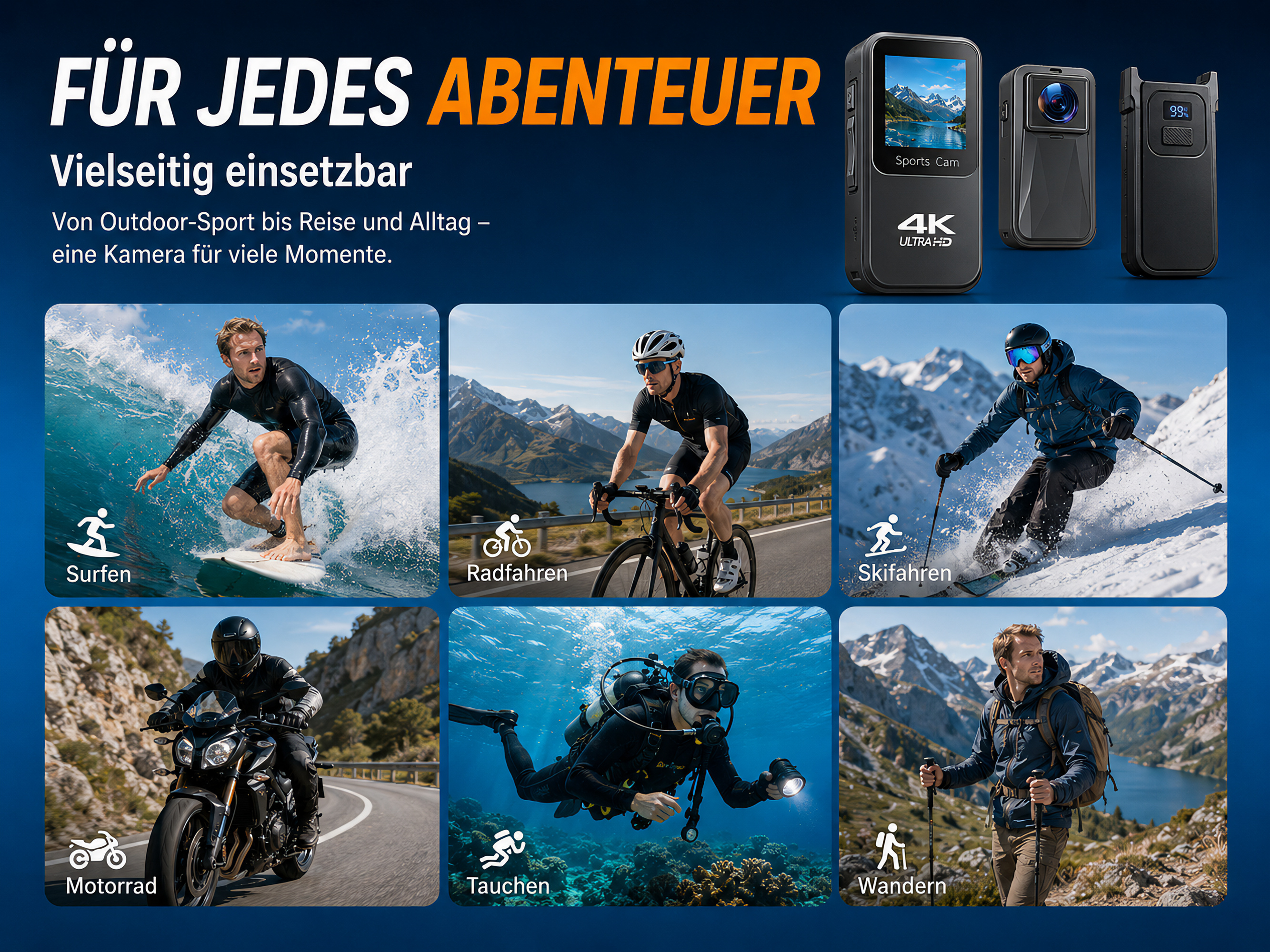 Werbebild für 4K-Sportkamera mit sechs Aktivitätsszenen wie Surfen, Radfahren, Skifahren, Motorrad, Tauchen und Wandern.