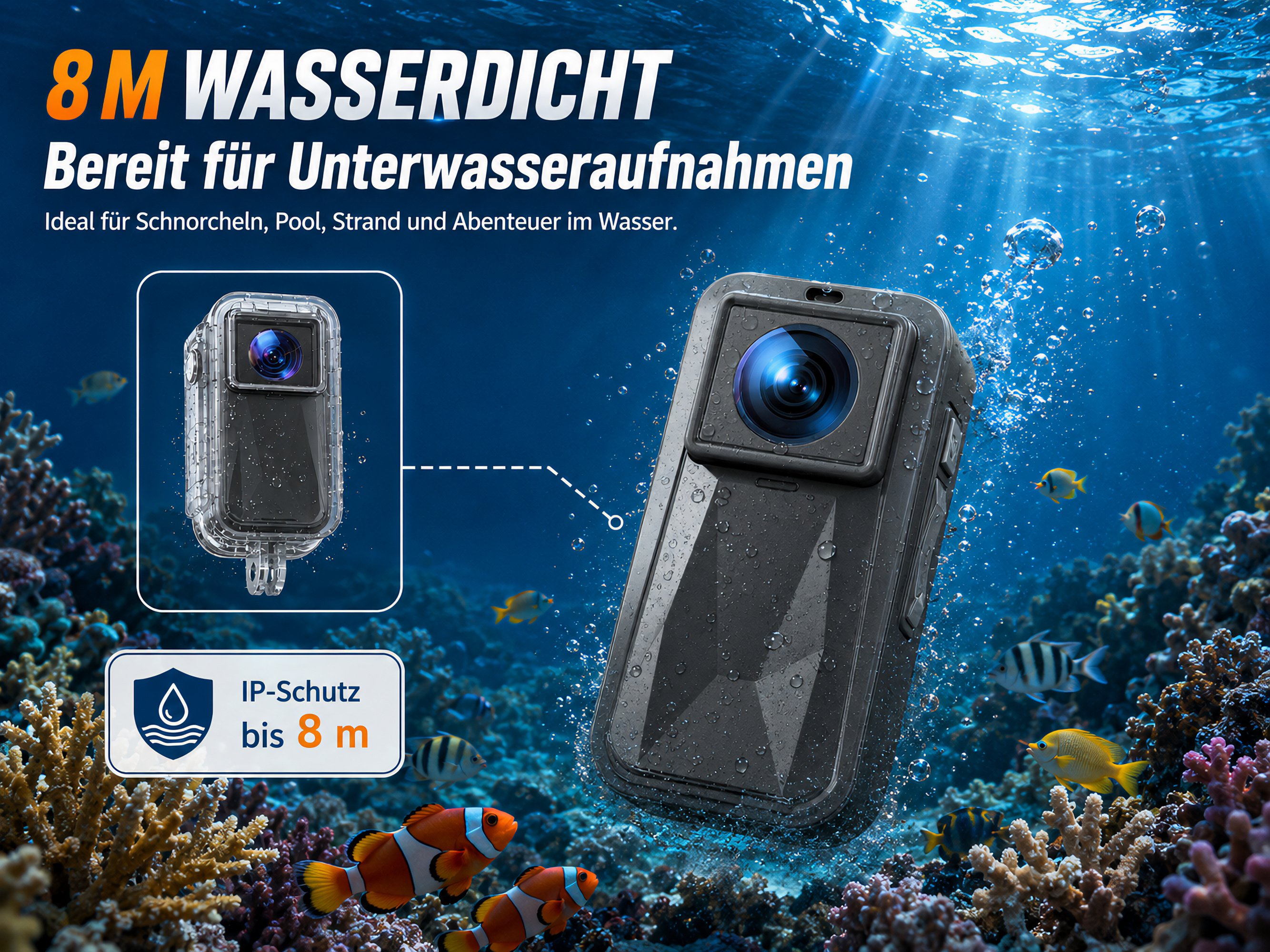 Eine wasserdichte Kamera schwimmt im Meer mit Korallen und Fischen im Hintergrund.