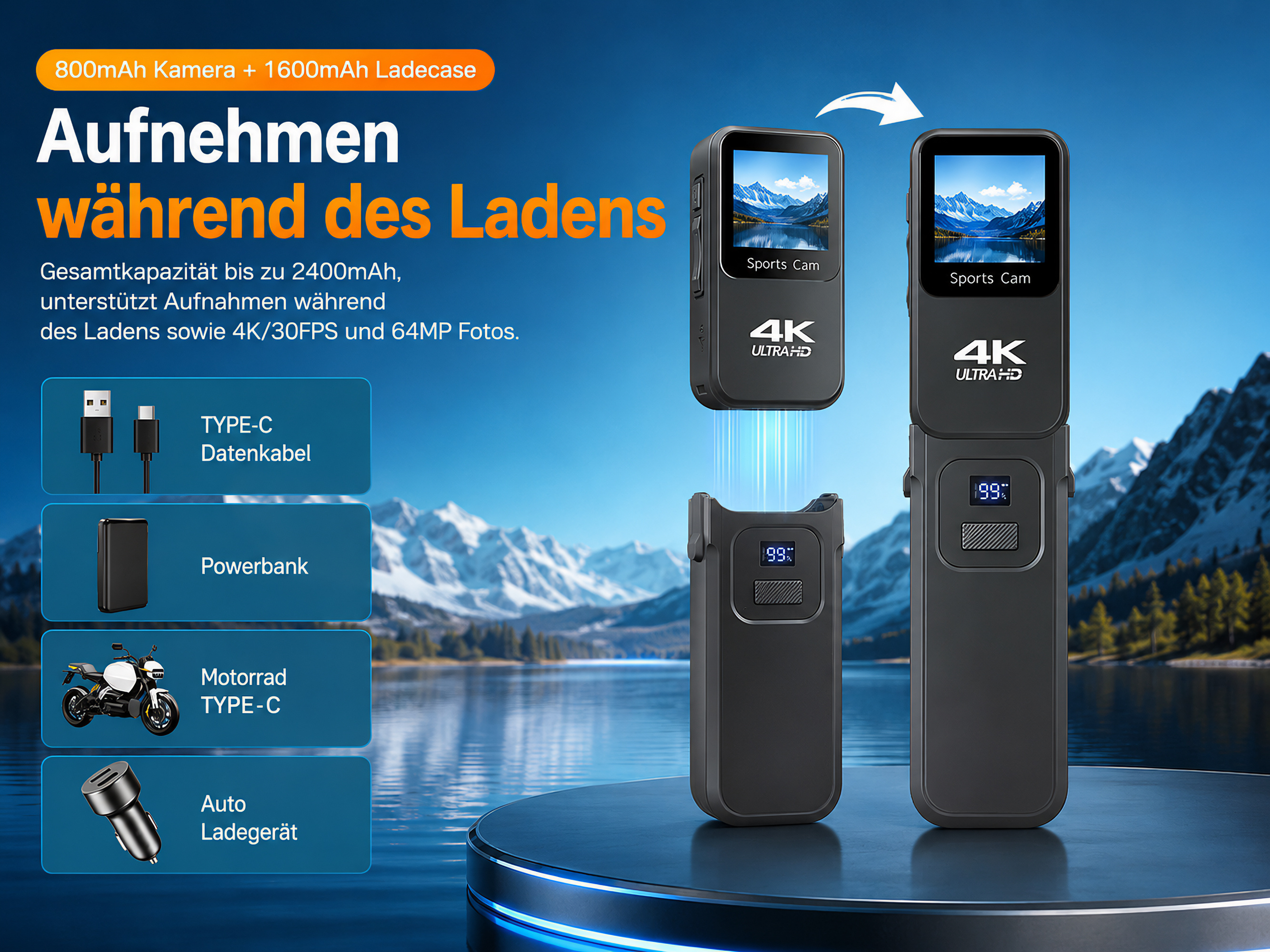 Eine schwarze 4K Sportkamera mit Ladecase vor einer Berglandschaft und einem See.