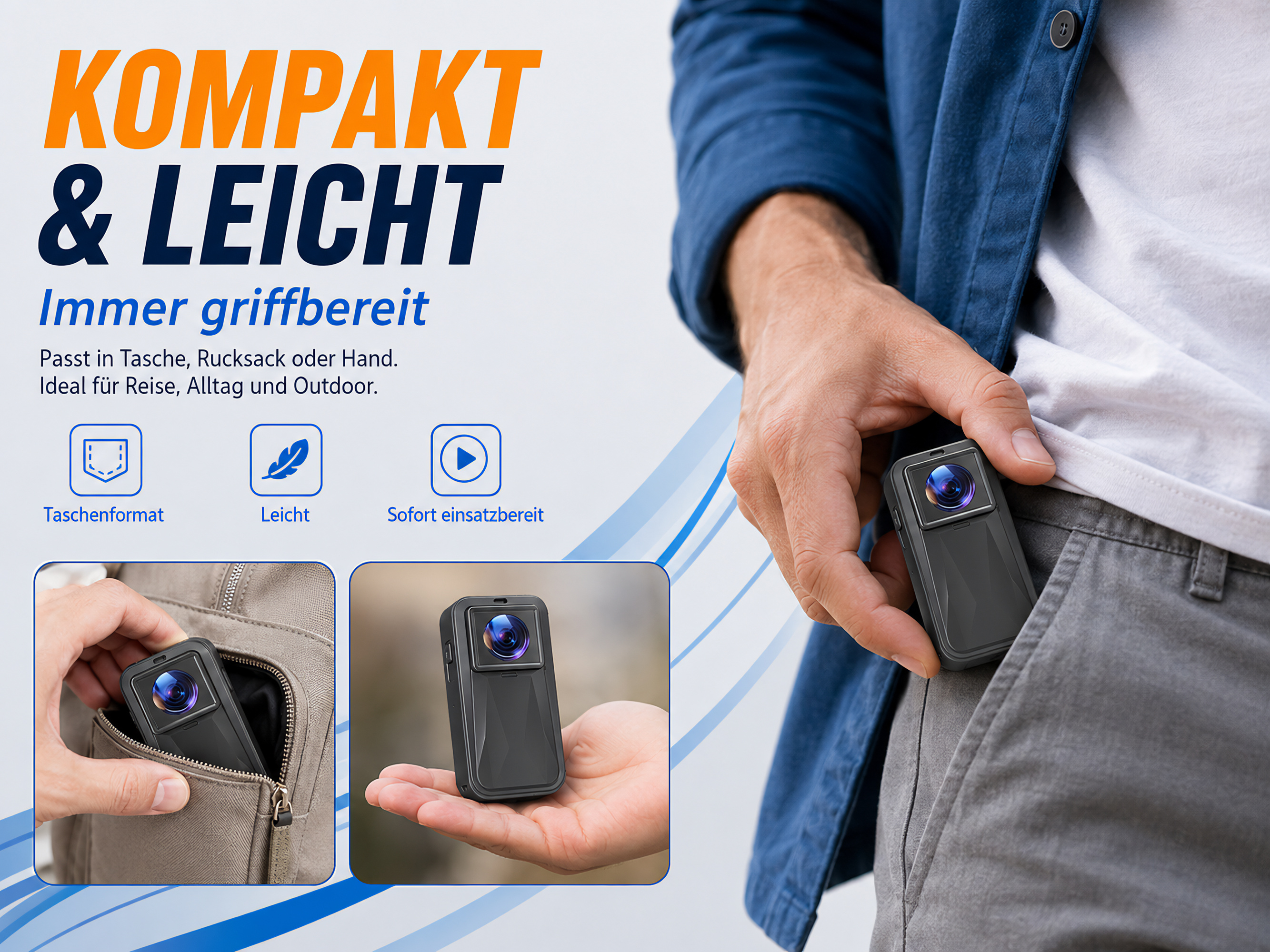 Kompakte, leichte Kamera wird in die Hosentasche gesteckt; Insets zeigen sie im Rucksack und in einer Hand.