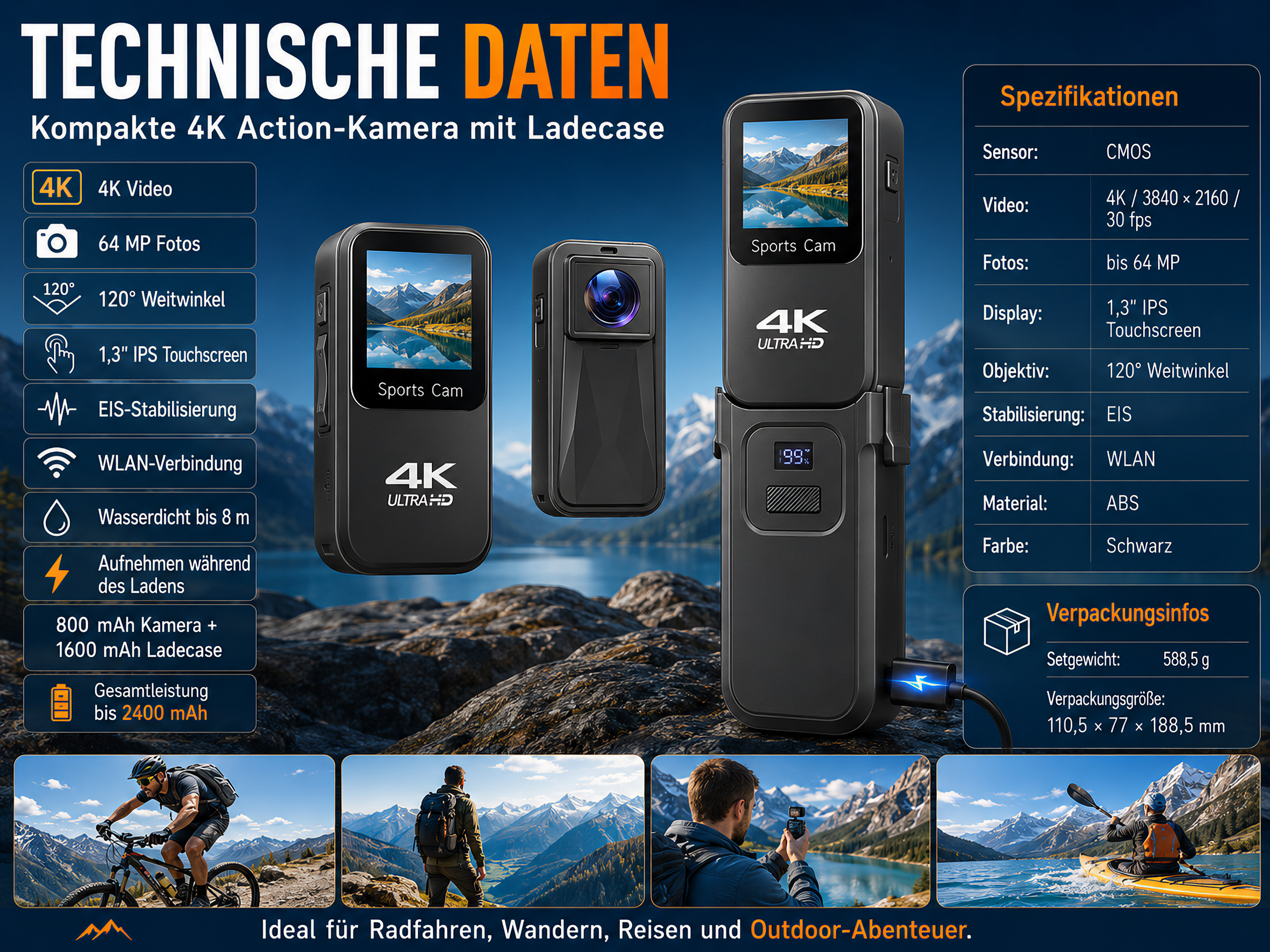 Technische Daten und Features einer kompakten 4K Action-Kamera mit Ladecase vor Bergpanorama.