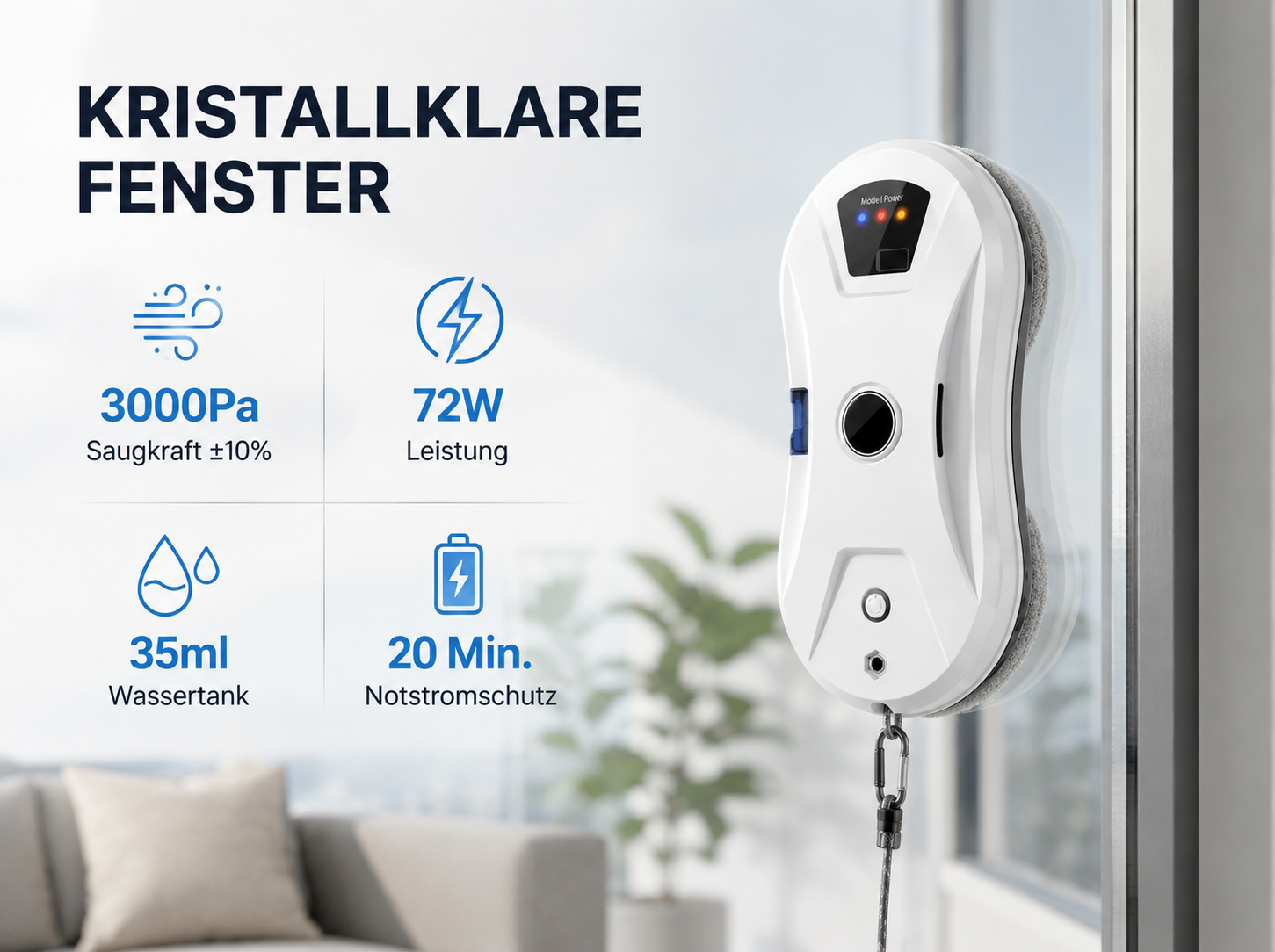 Ein weißer Fensterputzroboter klebt an einer Fensterscheibe, daneben Technische Daten und das deutsche Werbetext.