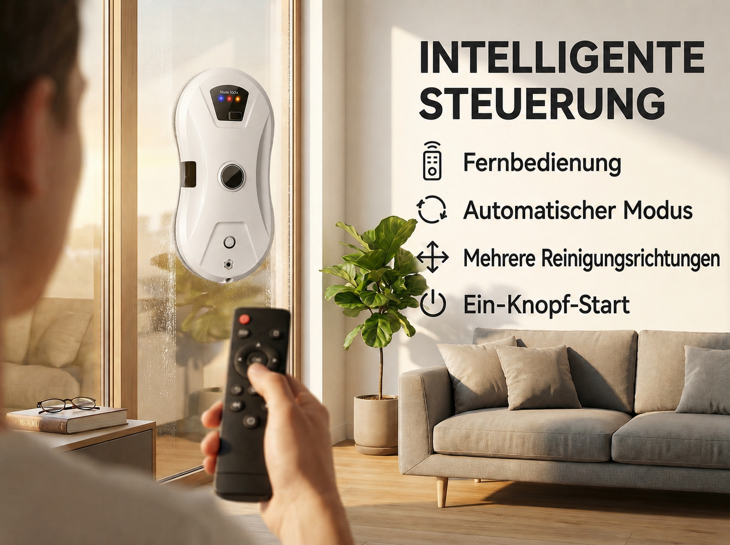 Ein Mann steuert einen weißen Fensterreinigungsroboter per Fernbedienung in einem hellen Wohnzimmer.