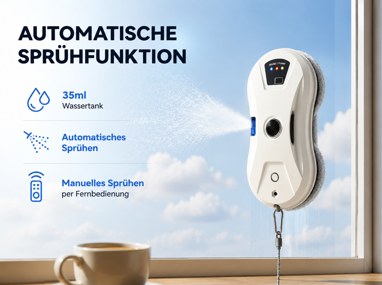 Ein weißer Fensterputzroboter sprüht Wasser auf eine Fensterscheibe vor bewölktem Himmel.