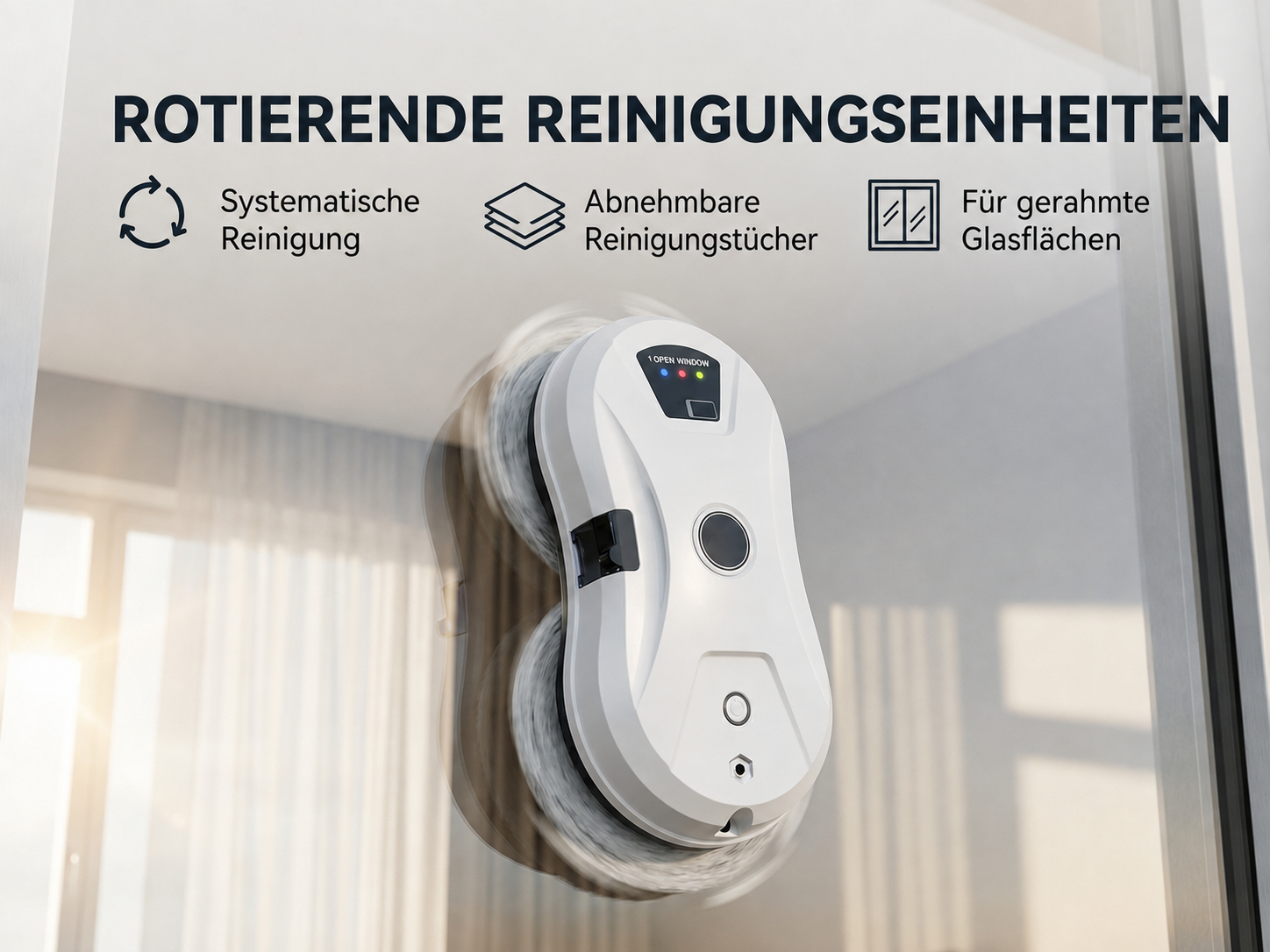 Ein weißer Fensterputzroboter reinigt eine Glasfläche. Darüber stehen deutsche Erklärungen zu seinen Funktionen.