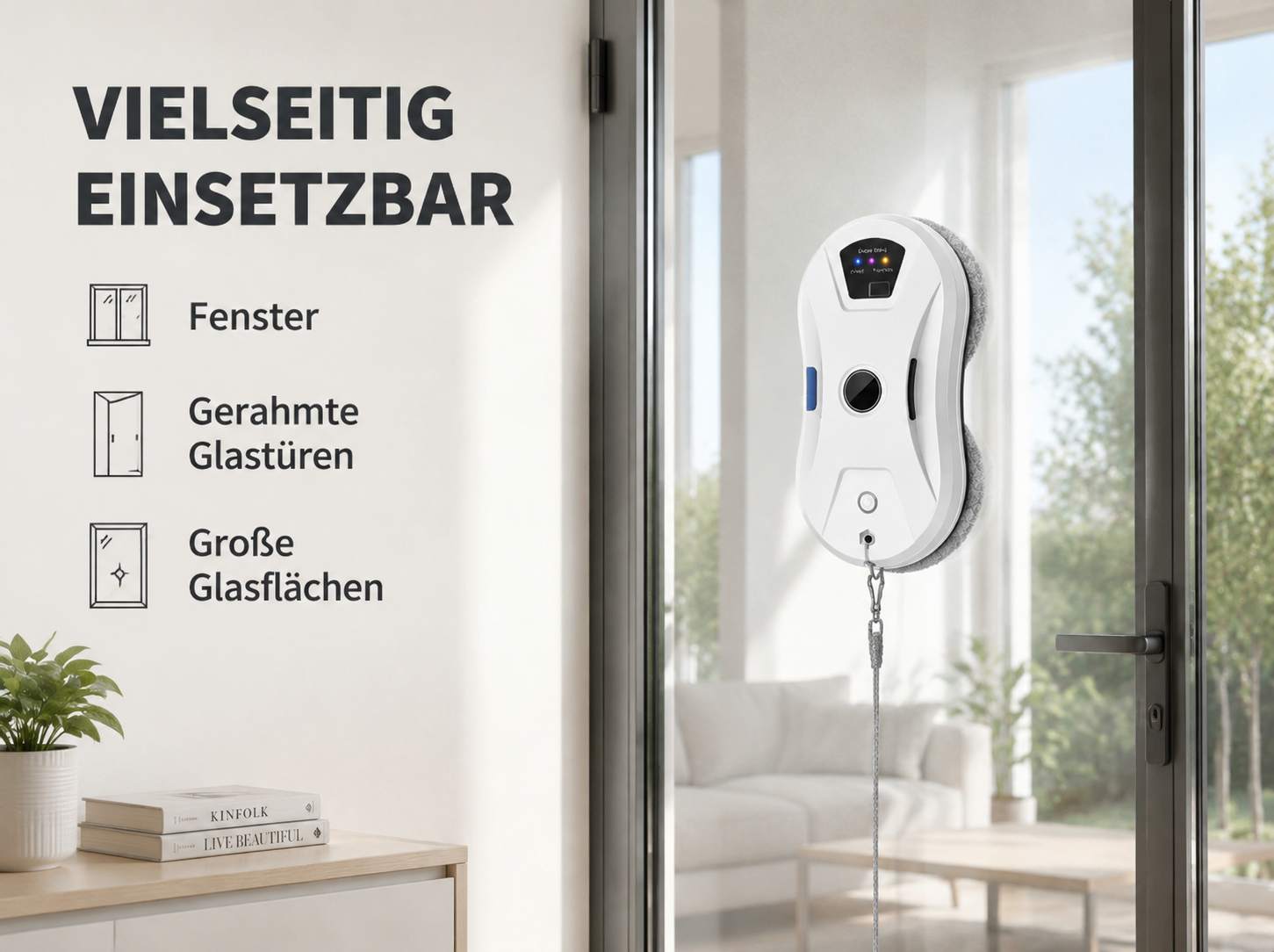Ein weißer Fensterputzroboter reinigt eine Glastür in einem hellen Raum mit Text und Icons auf der linken Seite.