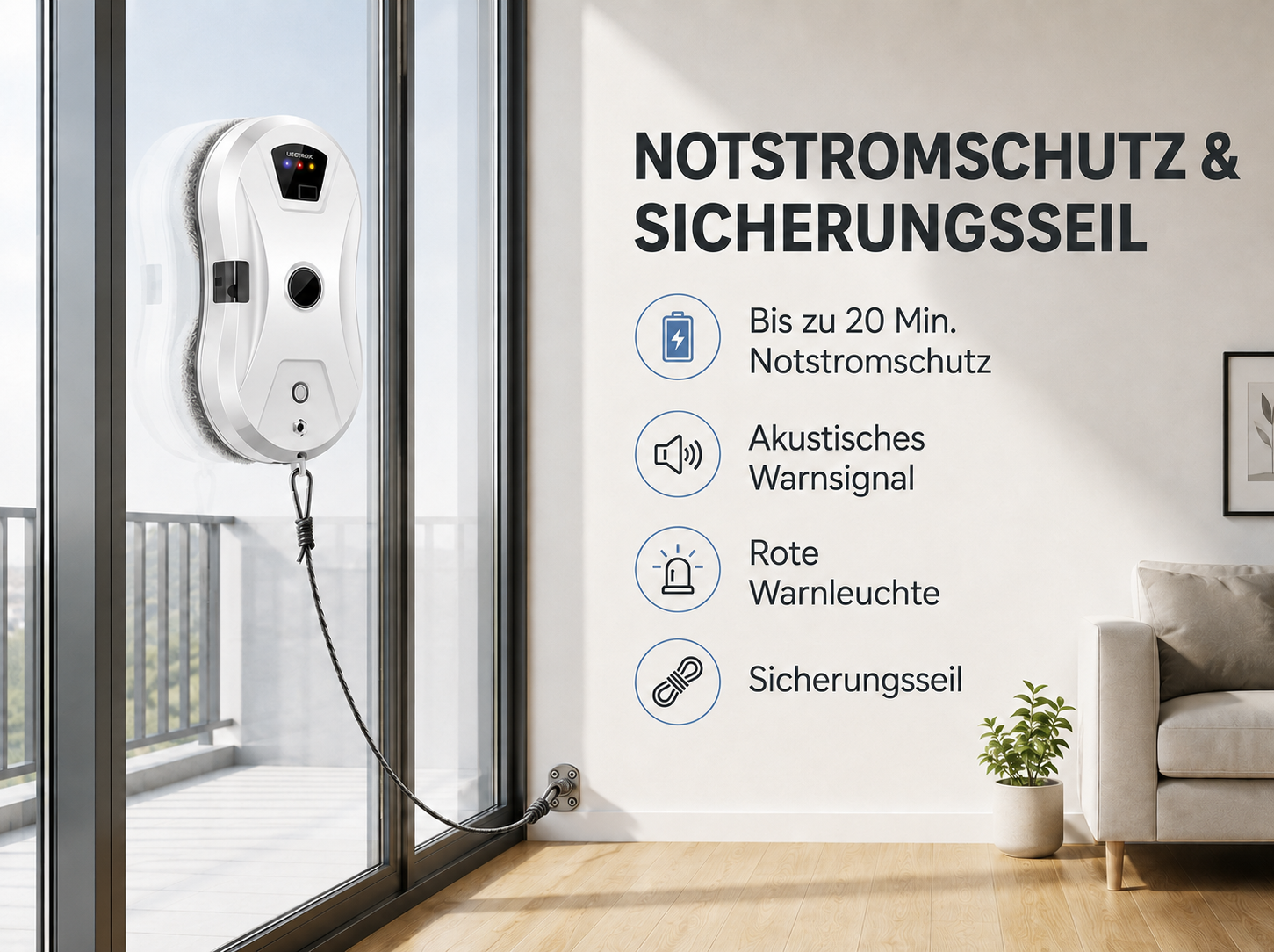 Ein weißer Fenstersauger reinigt eine Fensterscheibe, verbunden mit einem Sicherheitsseil und Text.