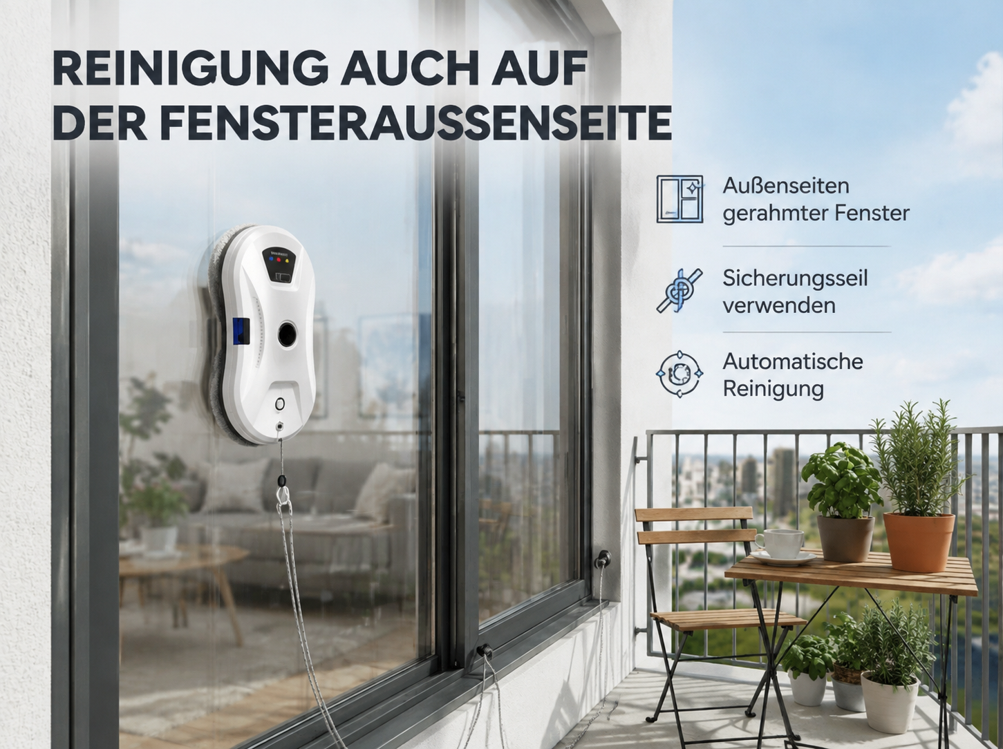 Ein weißer Fensterputzroboter reinigt die Außenseite einer Fensterscheibe auf einem Balkon.
