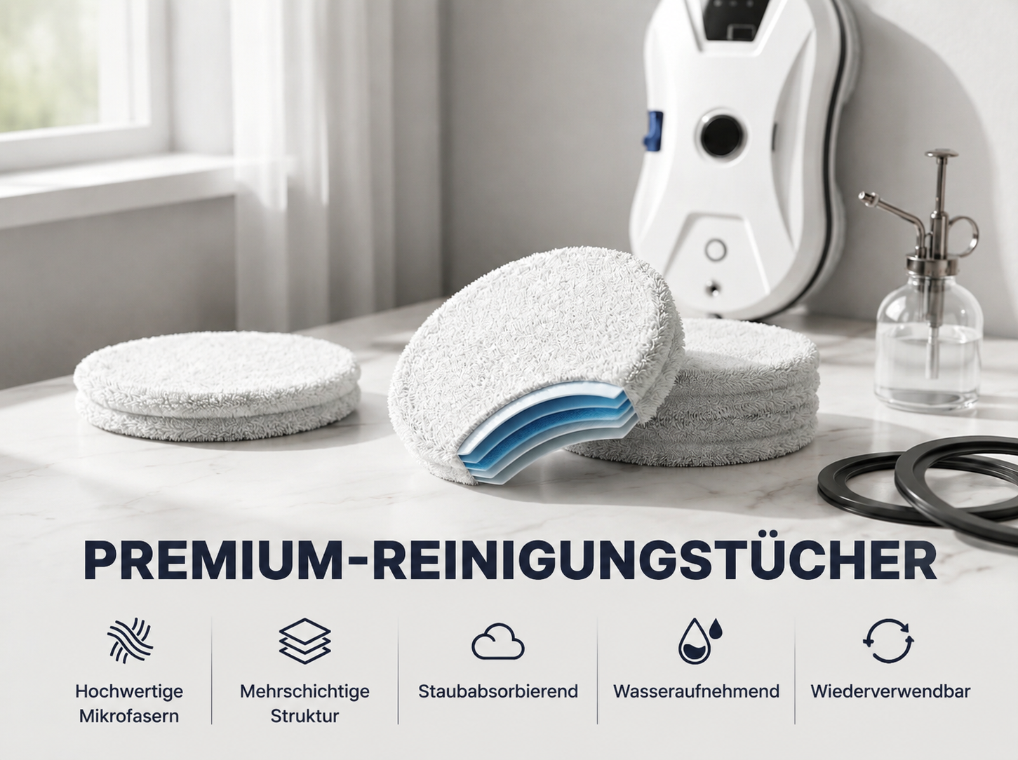 Mehrere weiße Reinigungstücher auf einer hellen Oberfläche mit einem Roboter und einer Sprühflasche im Hintergrund.