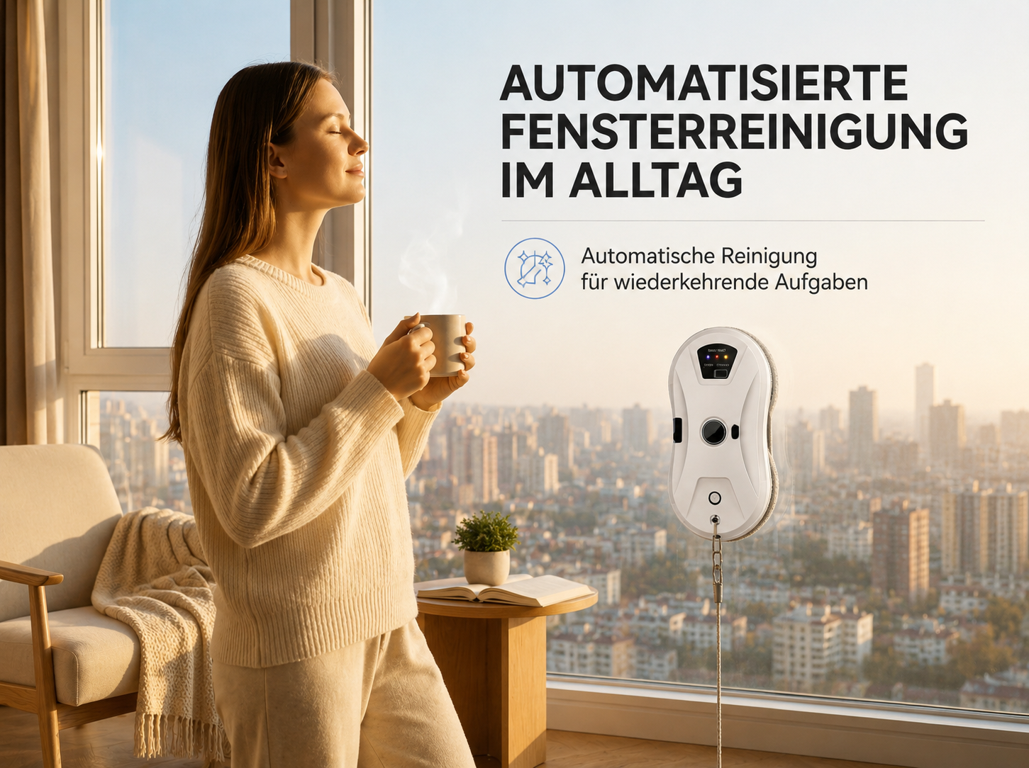 Eine Frau hält eine Tasse, während ein automatischer Fensterputzer an der Fensterscheibe mit Stadtblick reinigt.