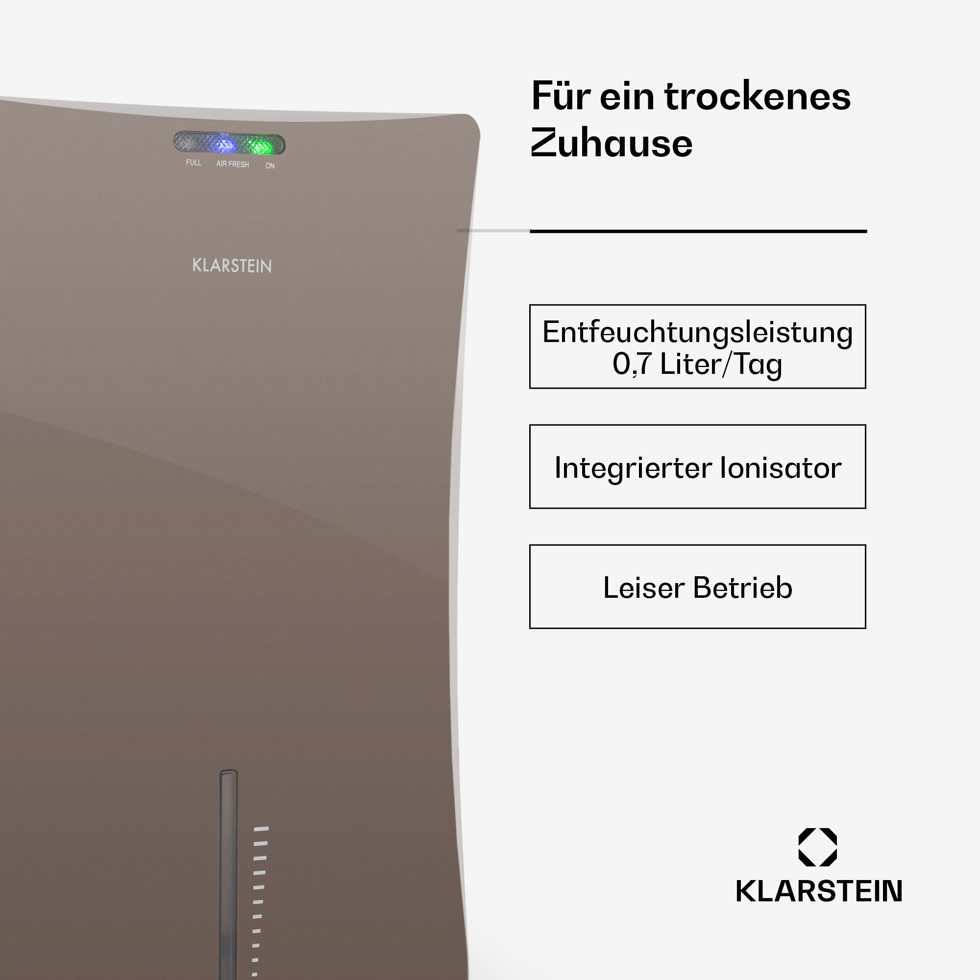 Klarstein-Luftentfeuchter mit Produktmerkmalen auf weißem Hintergrund.