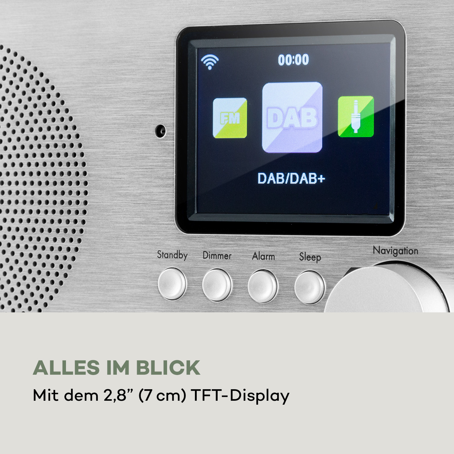 Silbernes Radio mit Farbtasten, Knöpfen und einem digitalen TFT-Display.