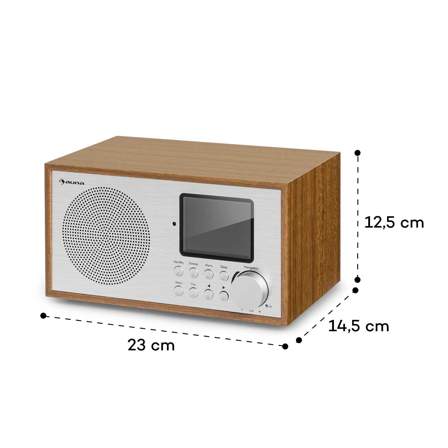 Holzfarbenes Radio mit silberner Front, Display, Lautsprecher und Maßen: 23x12,5x14,5 cm.