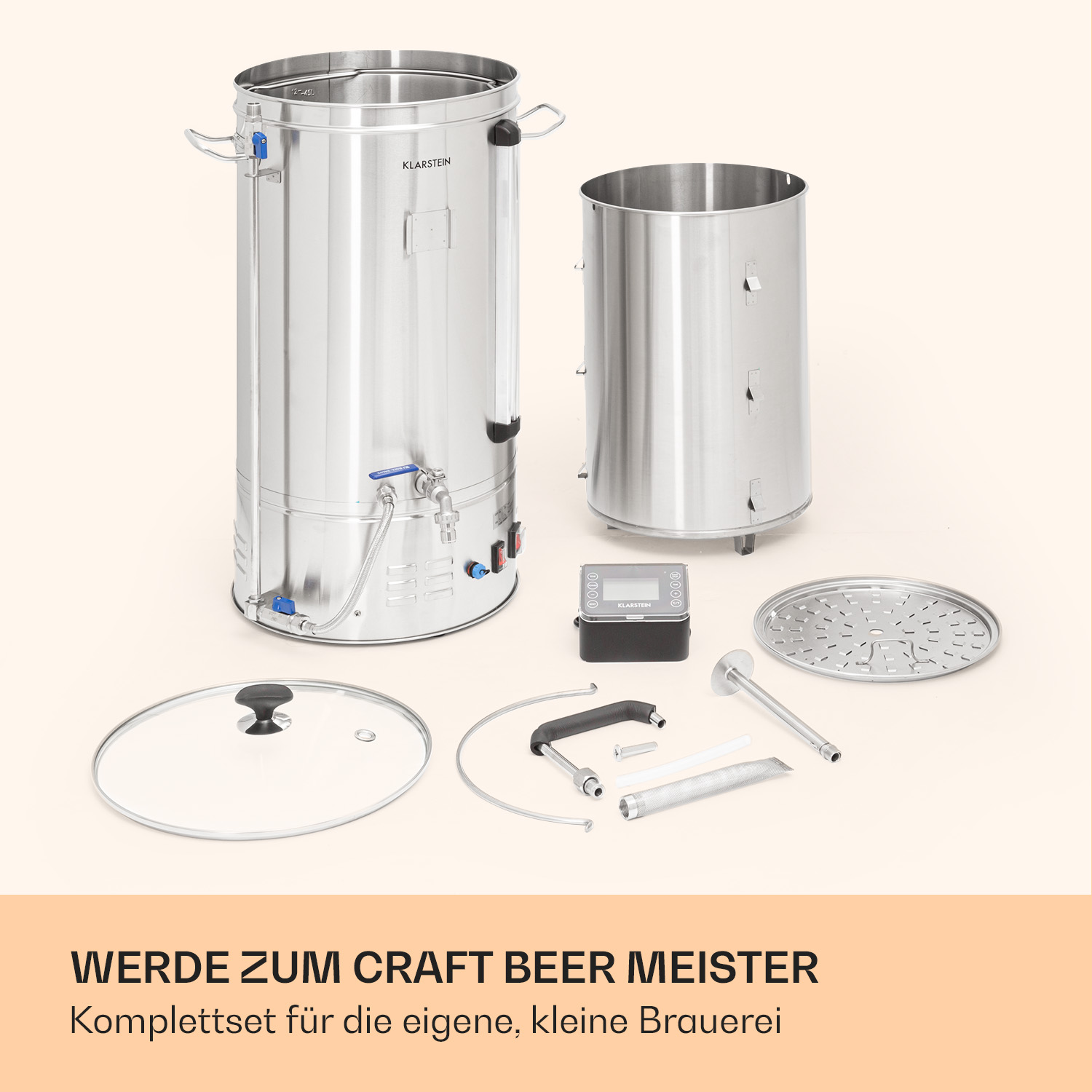 Edelstahl-Brauset mit Kessel, Zylinder, Deckel und Zubehör auf hellem Grund.