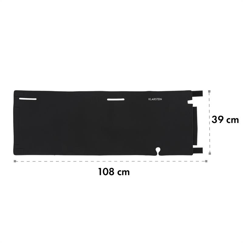 Eine schwarze, rechteckige Klarstein-Platte mit den Maßen 108 cm mal 39 cm vor weißem Hintergrund.
