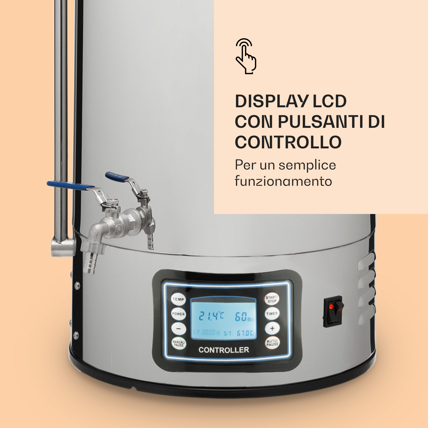 Edelstahlbehälter mit LCD-Display, Steuertasten und Wasserhahn.