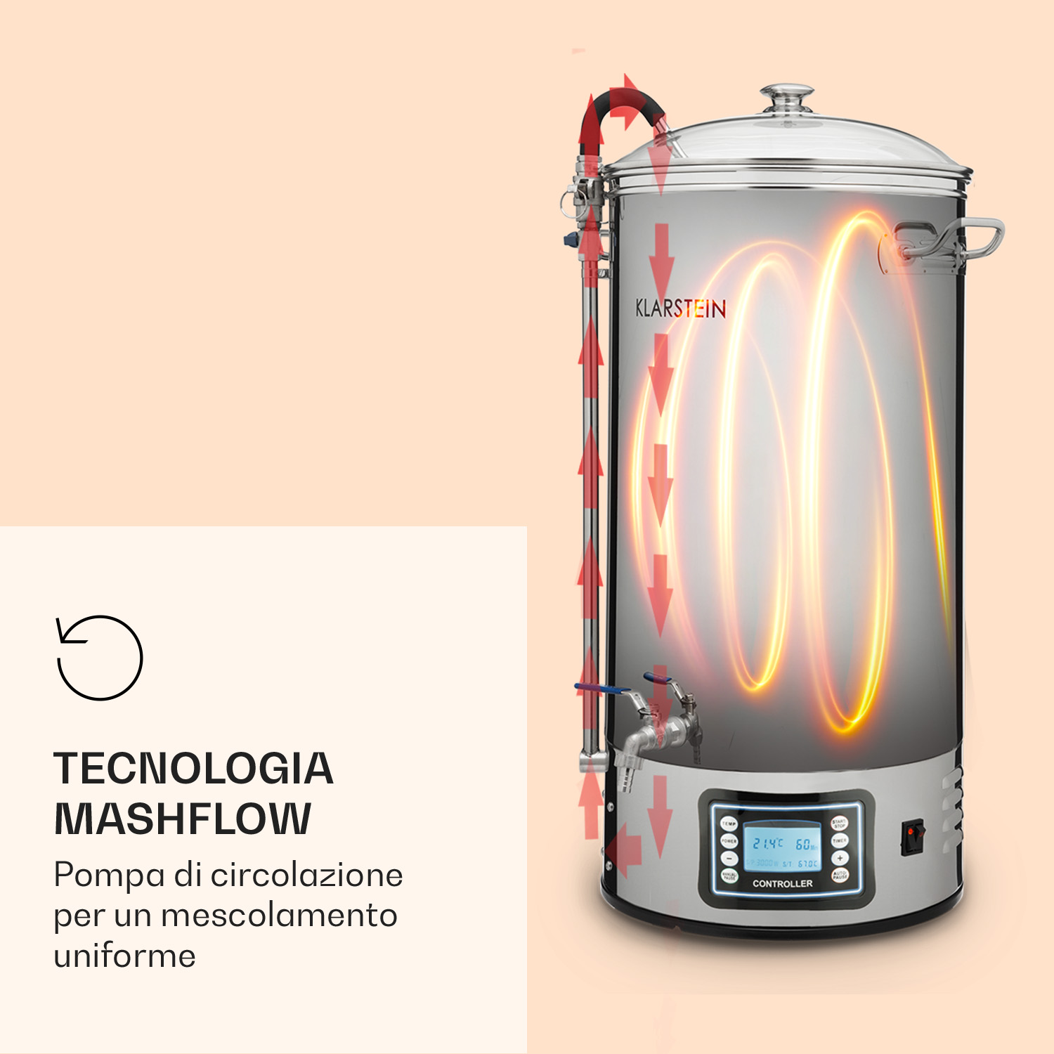 Edelstahl-Braukessel mit digitalem Display, Außenrohr und orangem Diagramm für Zirkulation.