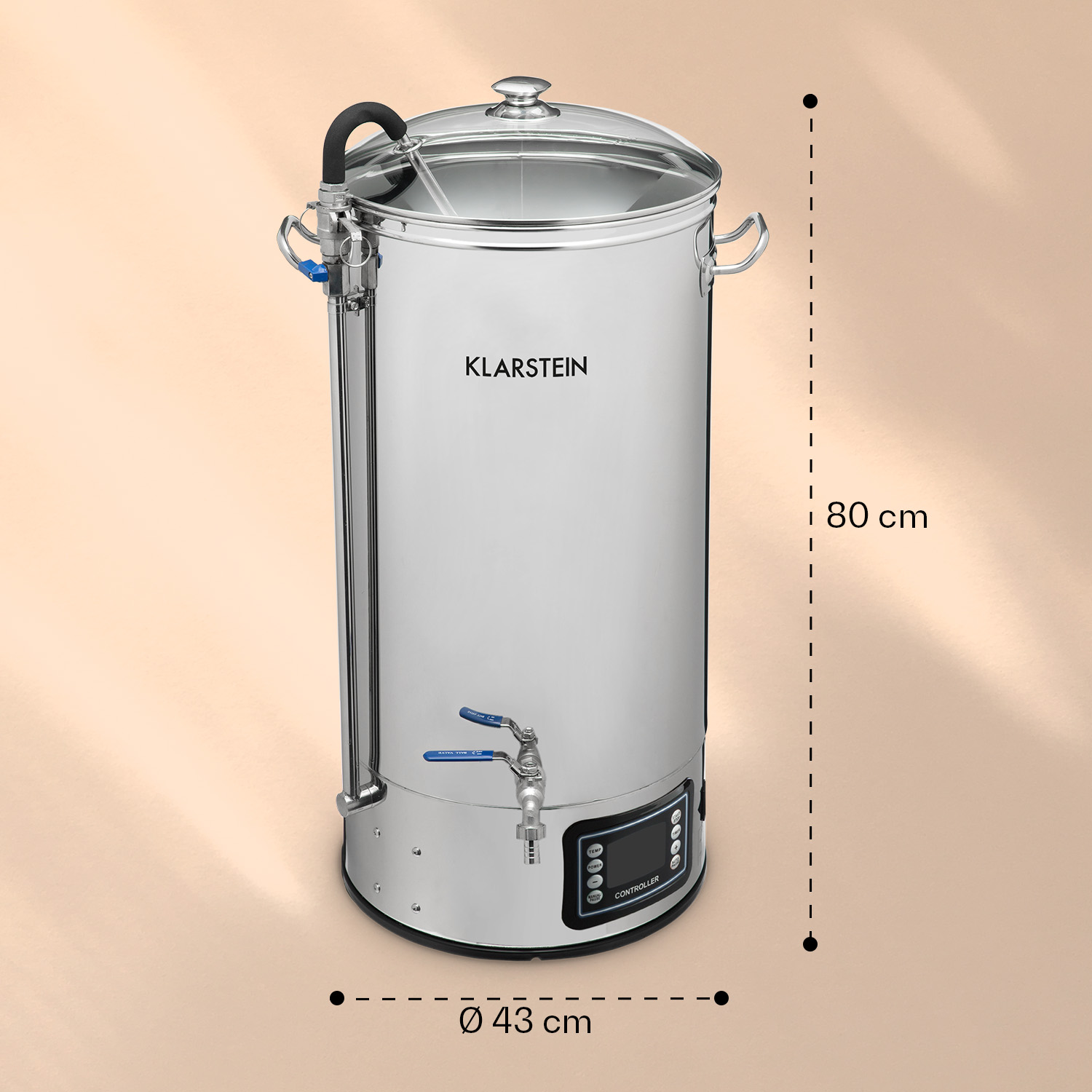 Klarstein Edelstahl-Maischkessel, 80 cm hoch und 43 cm im Durchmesser, mit digitalem Controller.