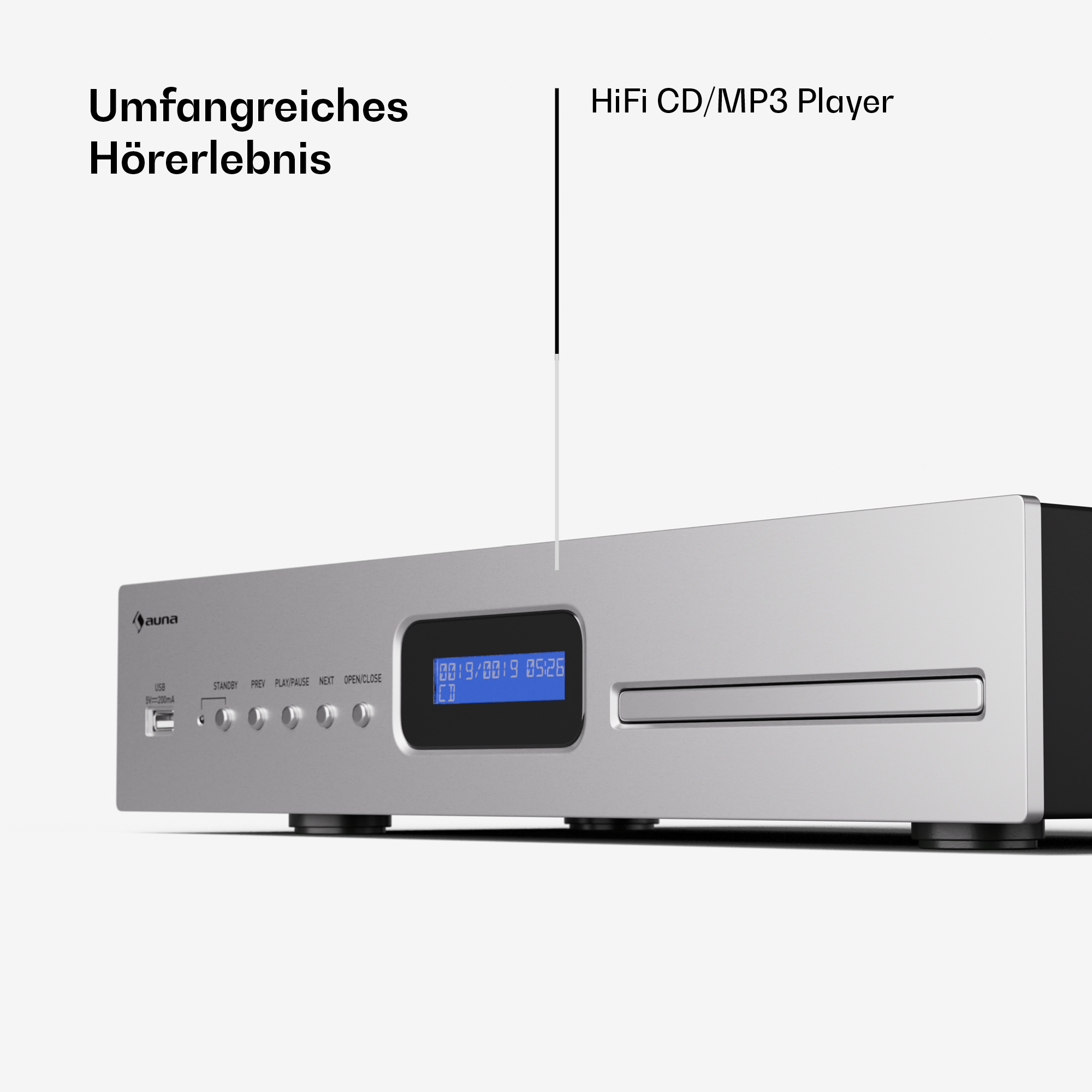 Silberner HiFi CD/MP3-Player von auna mit Display, Bedientasten und CD-Schlitz auf weißem Hintergrund.