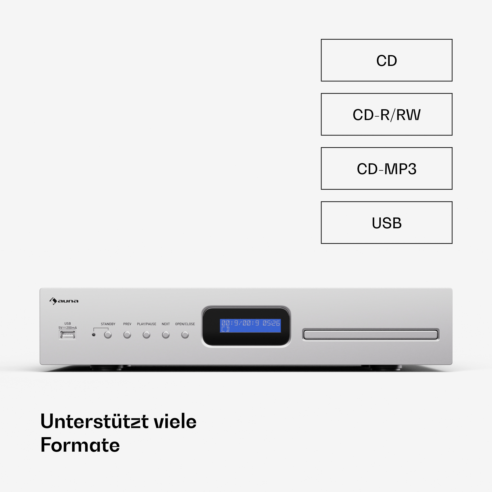 Silberner auna CD-Player mit USB und verschiedenen Format-Icons.