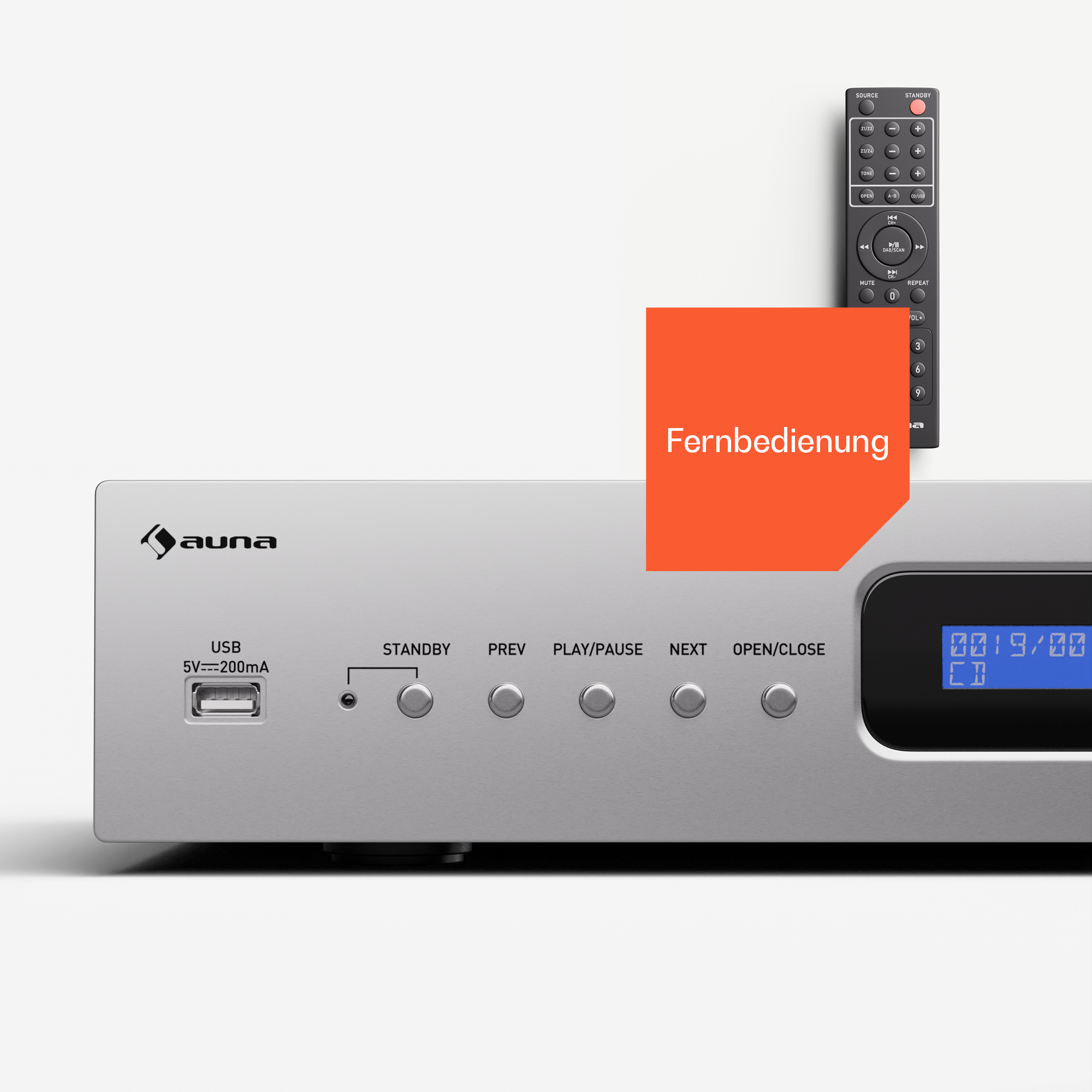Silbernes Auna Hifi-Gerät mit Tasten, USB-Anschluss, blauem Display und Fernbedienung.