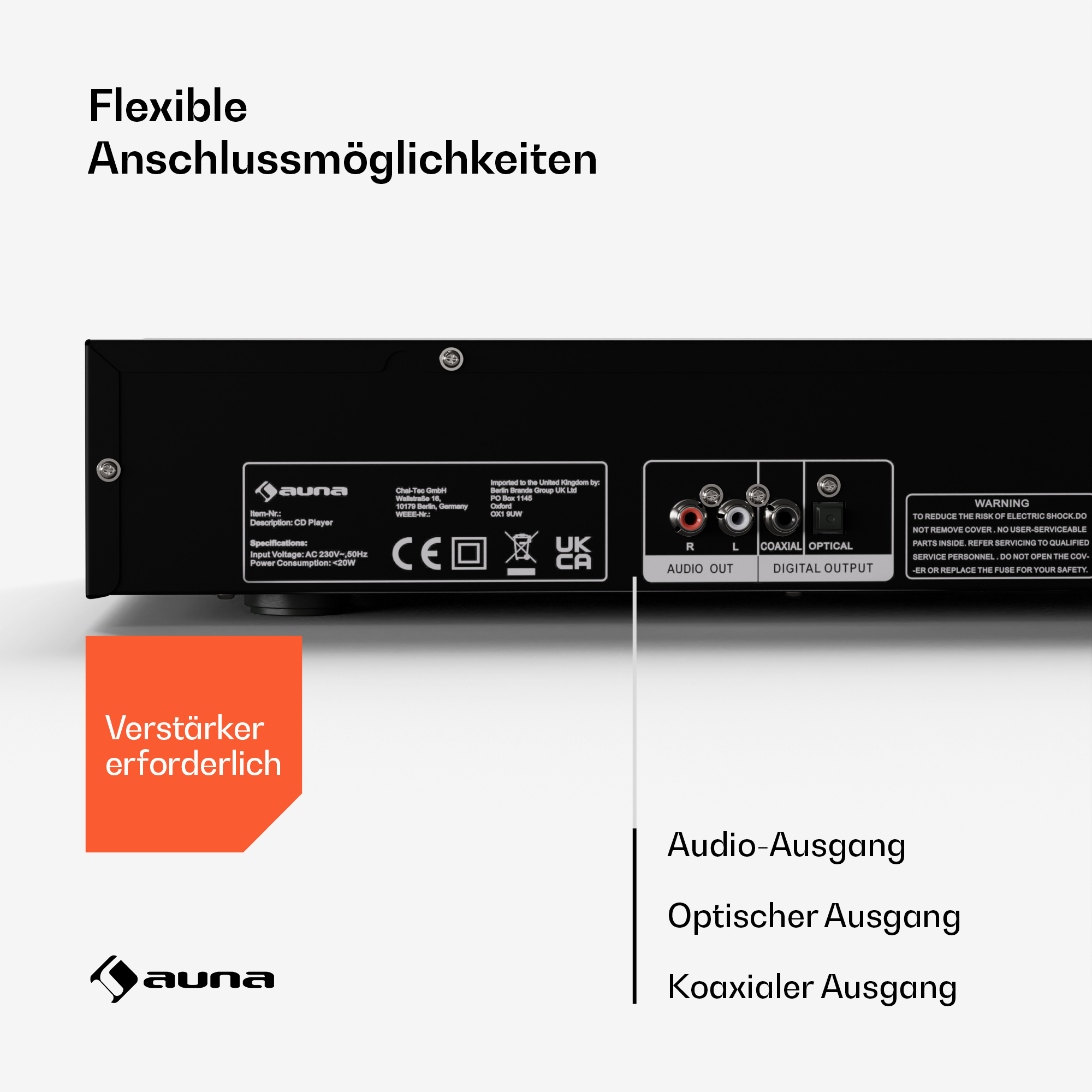 Rückseite eines schwarzen Auna CD-Players mit Audio-, Koaxial- und optischen Ausgängen.