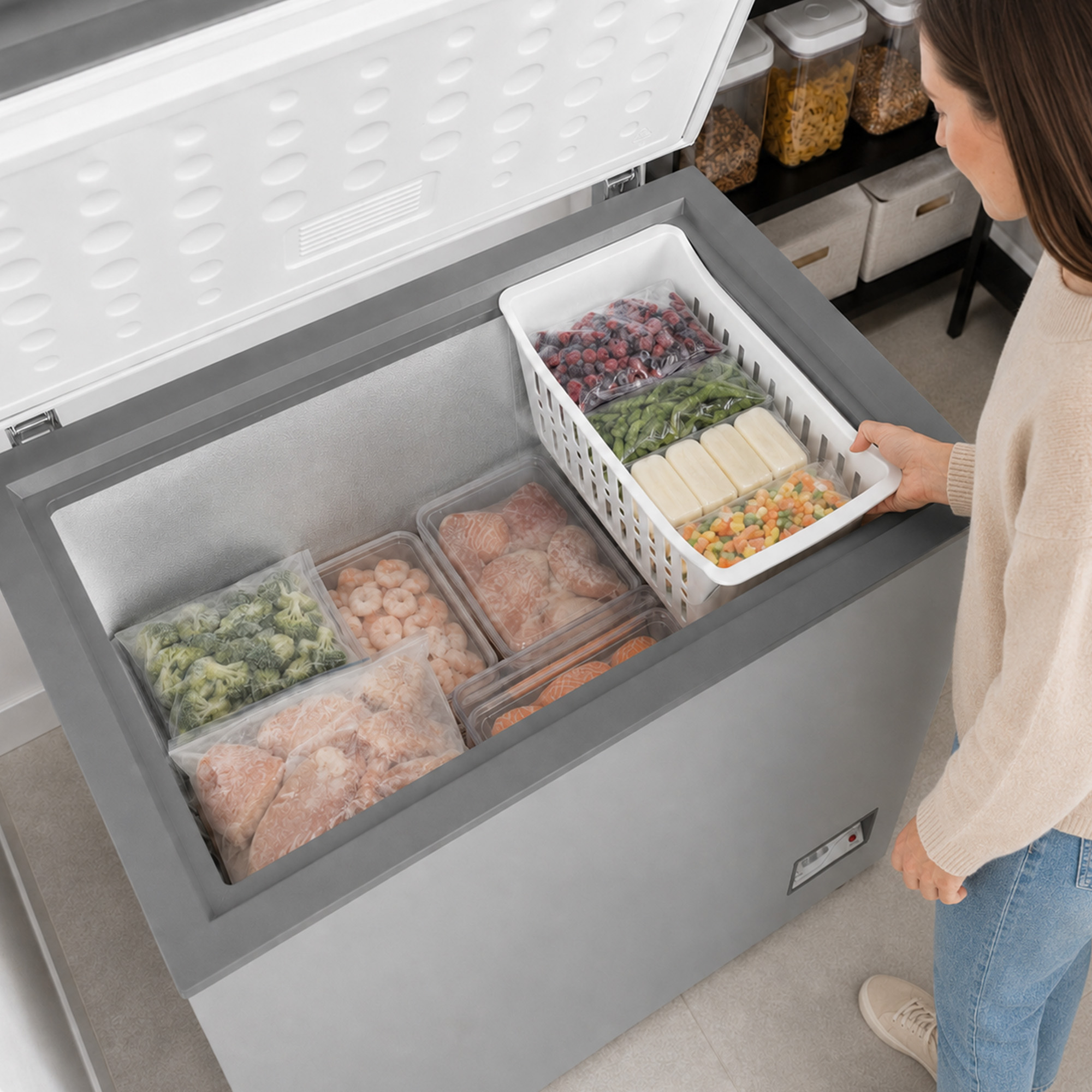 Une femme se tient près d'un congélateur coffre rempli d'aliments surgelés.