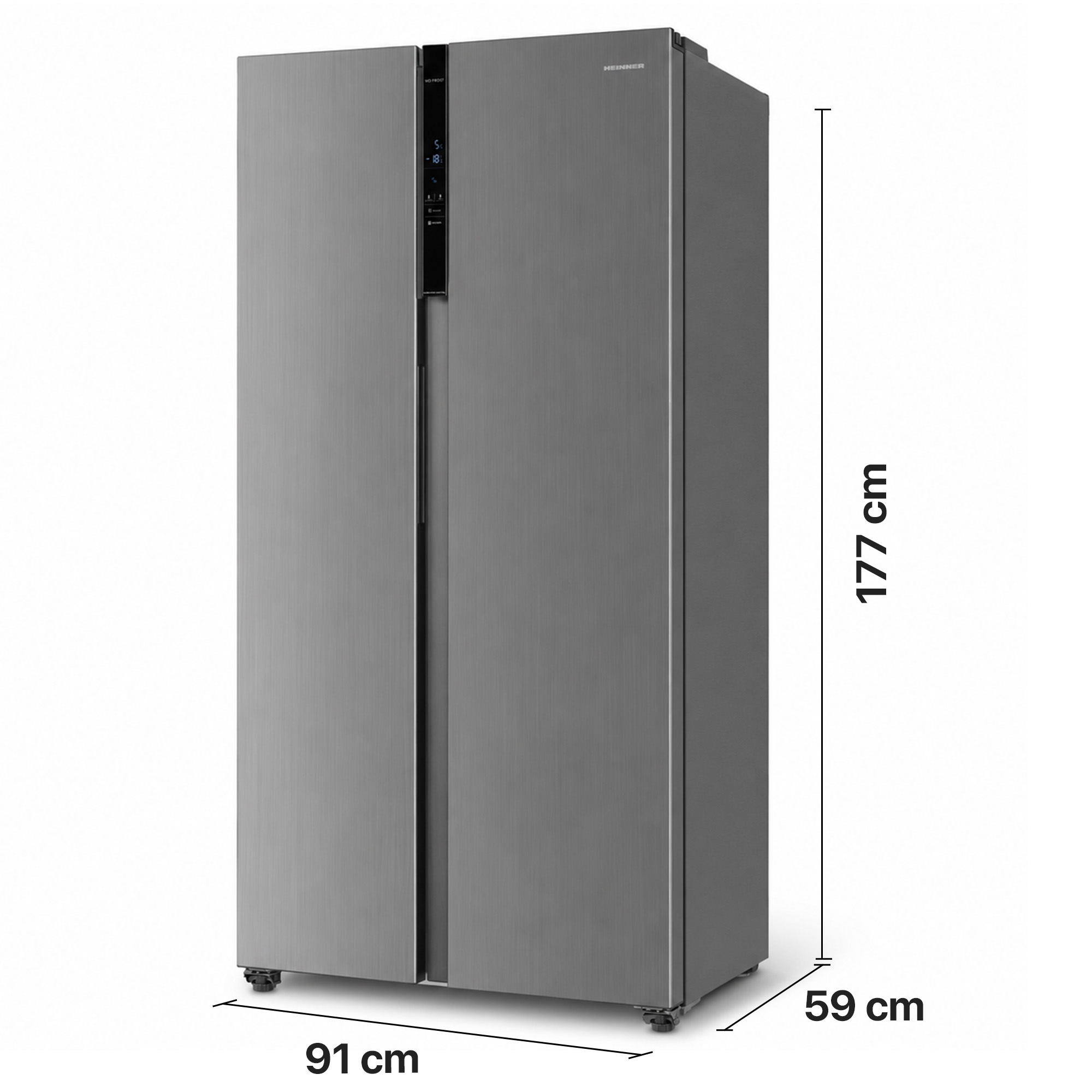 Grauer, doppelttüriger Kühlschrank mit Maßen: 177 cm Höhe, 91 cm Breite und 59 cm Tiefe.