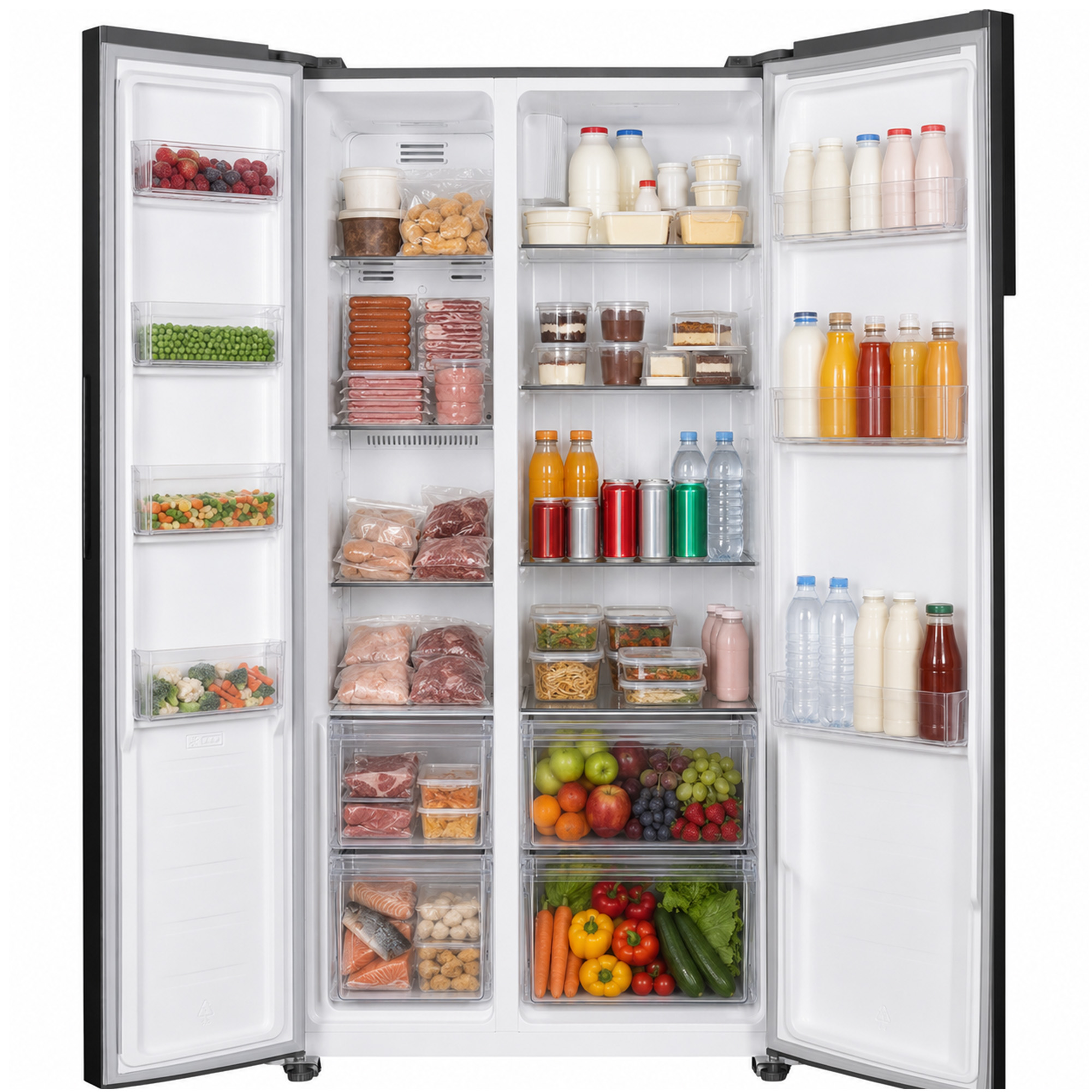 Ein offener Doppeltür-Kühlschrank, voll mit verschiedenen Lebensmitteln, Getränken, Obst und Gemüse.