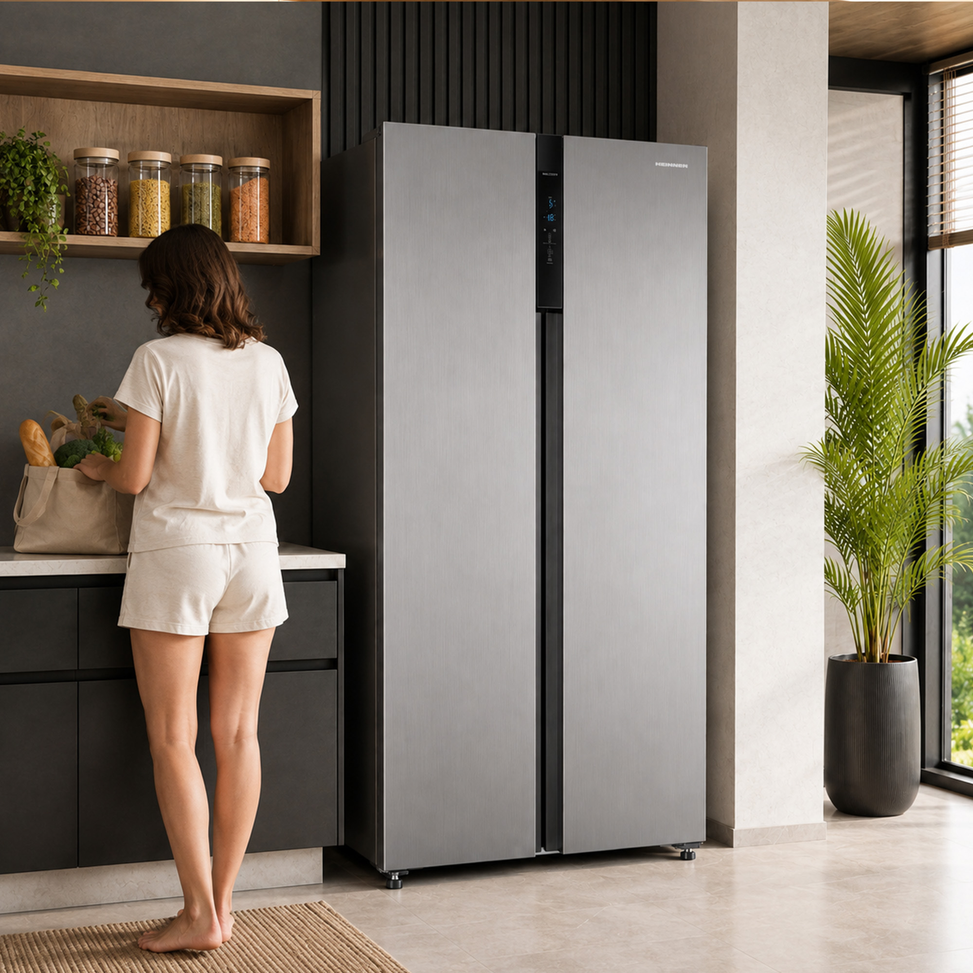 Eine Frau in heller Kleidung steht in einer modernen Küche neben einem silbernen Kühlschrank und hält eine Einkaufstasche.