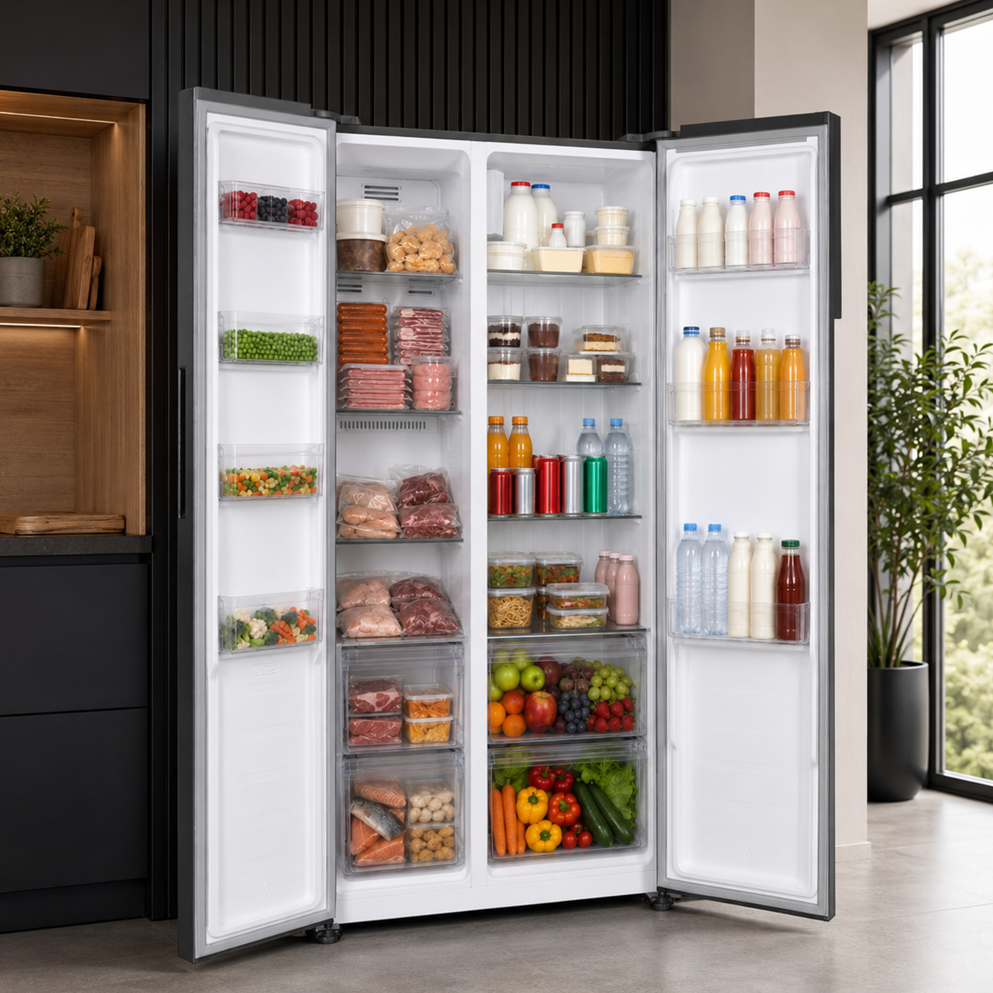Ein offener, gut gefüllter Kühlschrank in einer modernen Küche mit Lebensmitteln, Getränken, Obst und Gemüse.