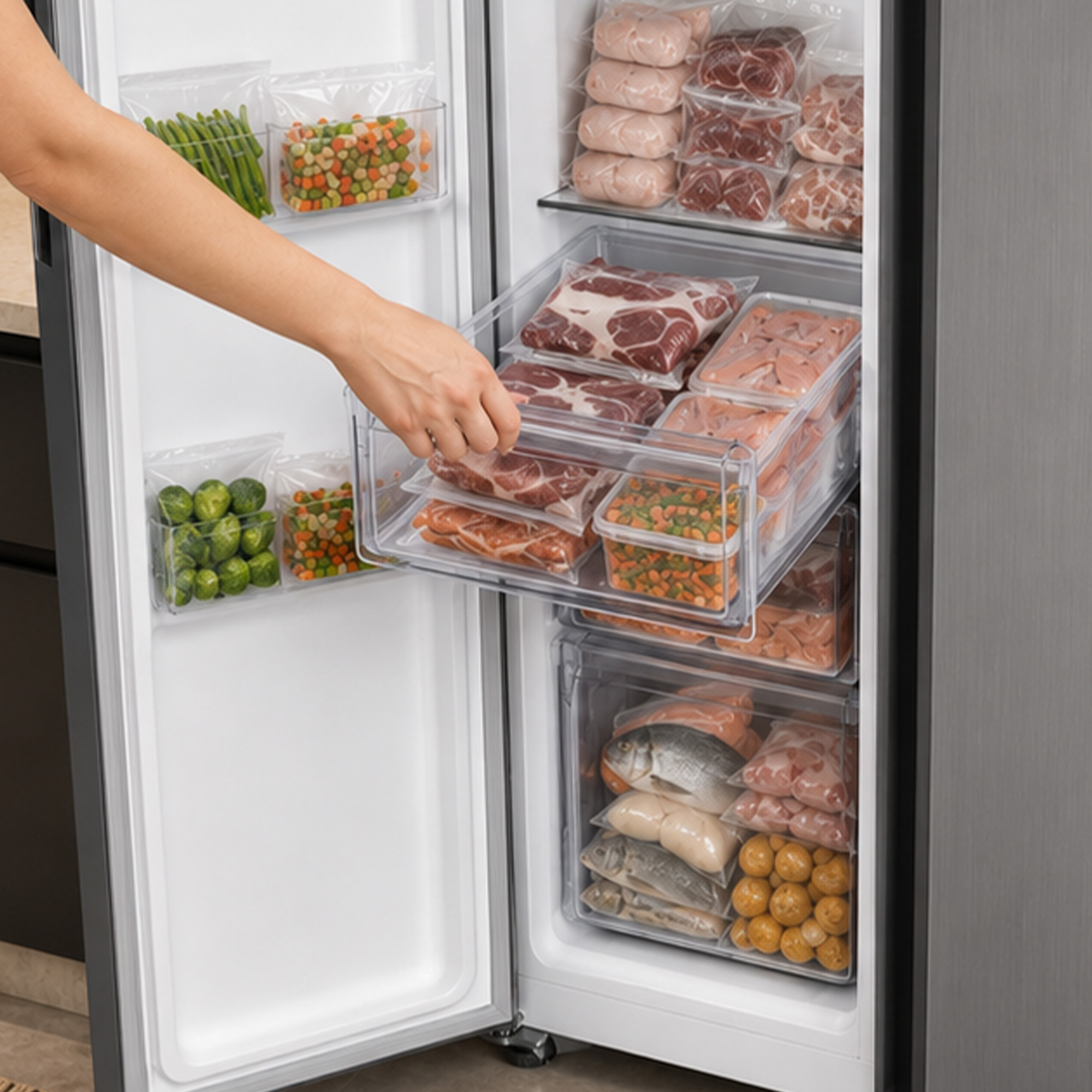 Eine Person öffnet eine Schublade in einem gut gefüllten Gefrierschrank voller Fleisch, Gemüse und Fisch.