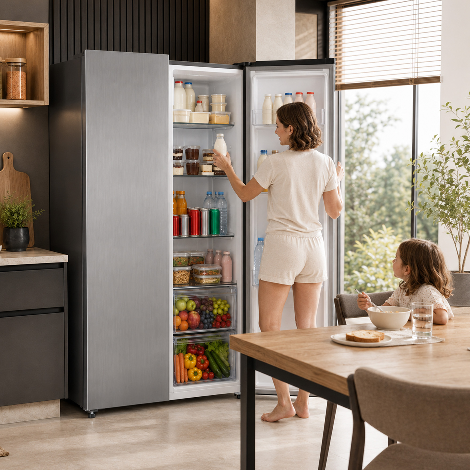 Eine Frau holt Milch aus dem Kühlschrank, während ein Mädchen am Tisch sitzt.