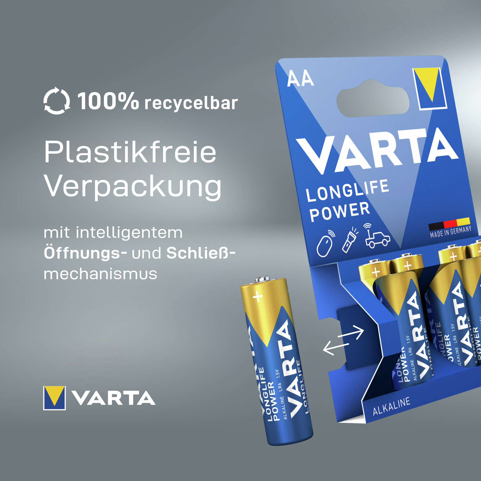Batterie AA Varta in confezione 100% riciclabile e priva di plastica con meccanismo di apertura.