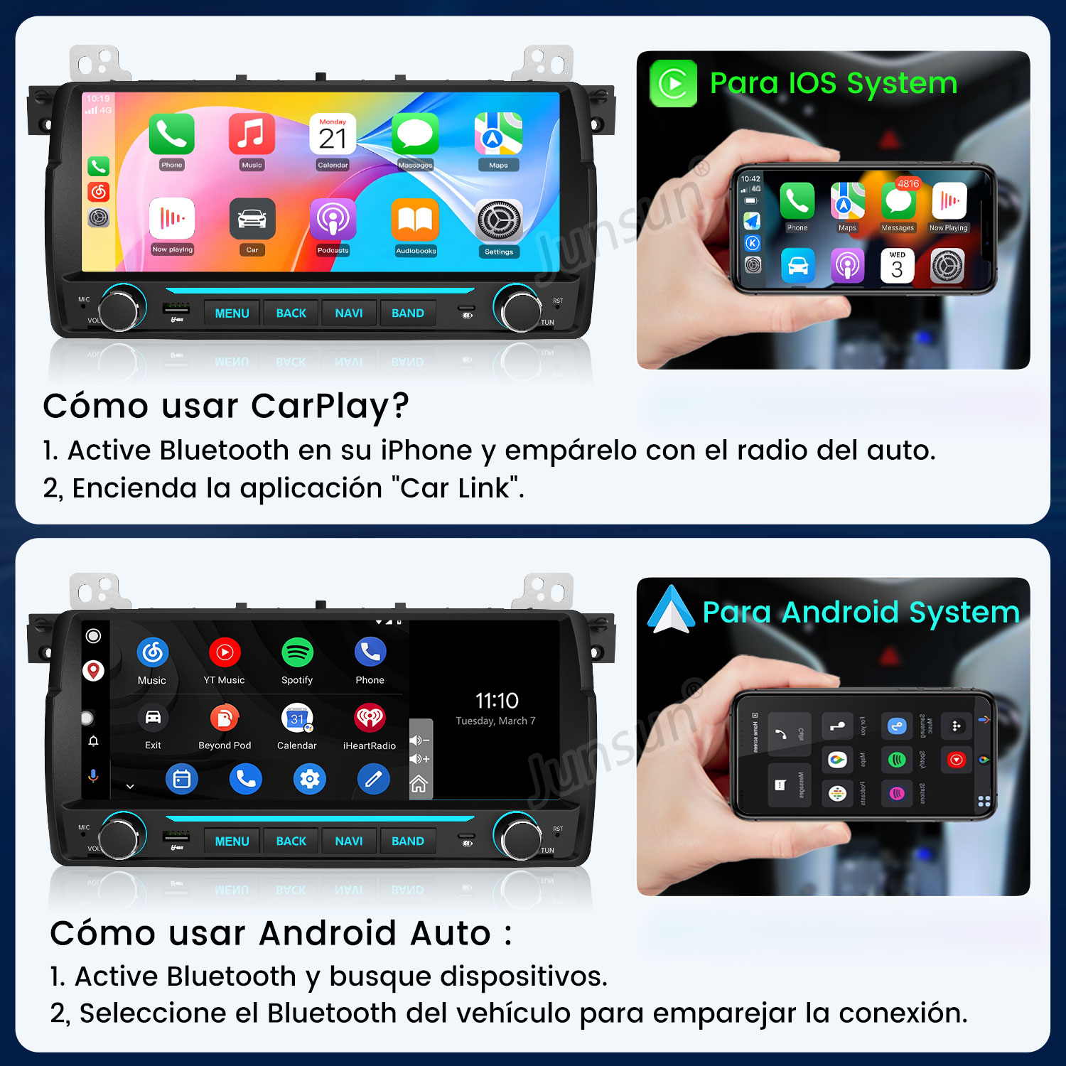 Instrucciones para conectar iOS y Android a la radio del coche mediante Bluetooth.