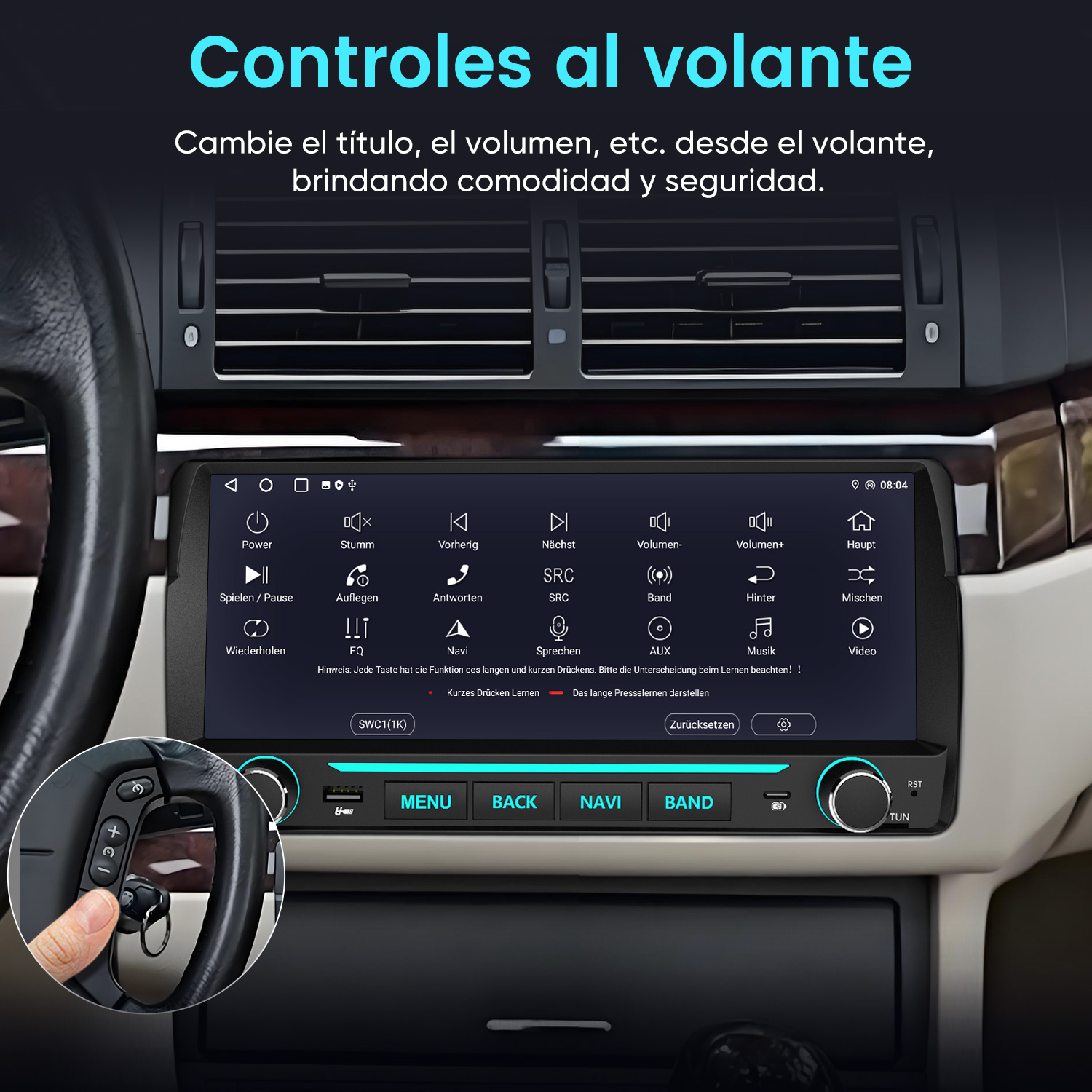 Pantalla de coche que muestra controles de volante y opciones de menú.