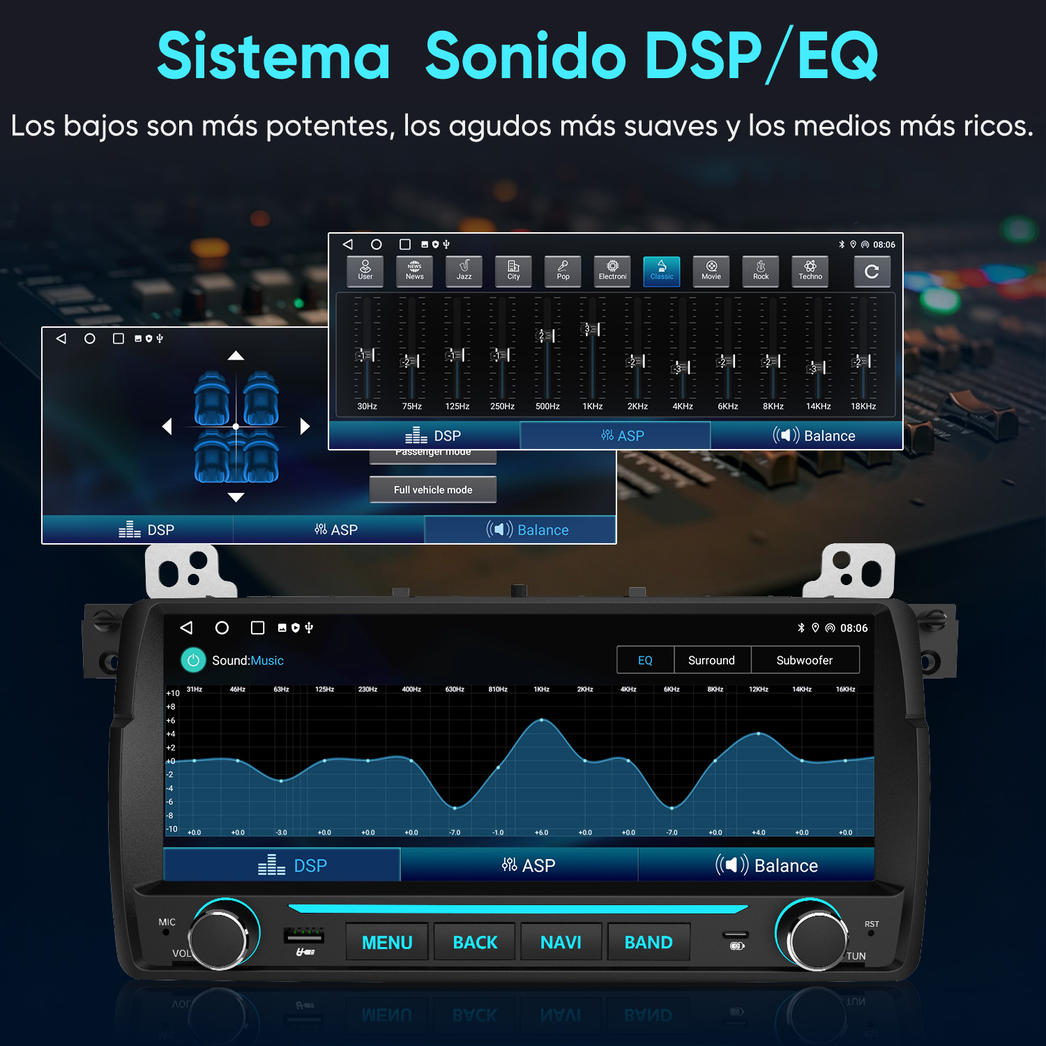Pantalla de autorradio que muestra un ecualizador gráfico digital, ajustes de sonido y controles de audio.