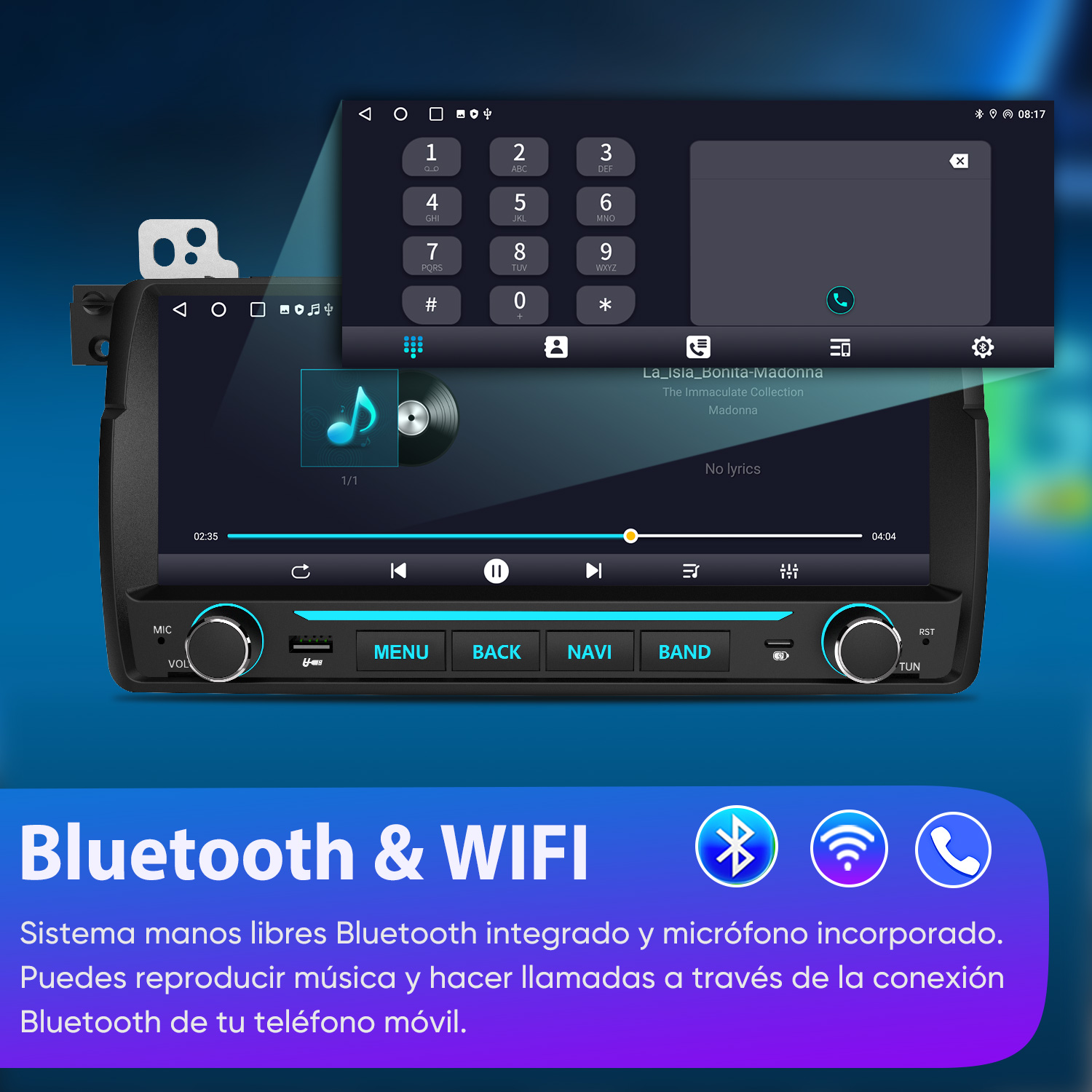 Un sistema de audio para coche con pantalla táctil, botones y perillas muestra reproducción de música y un teclado.