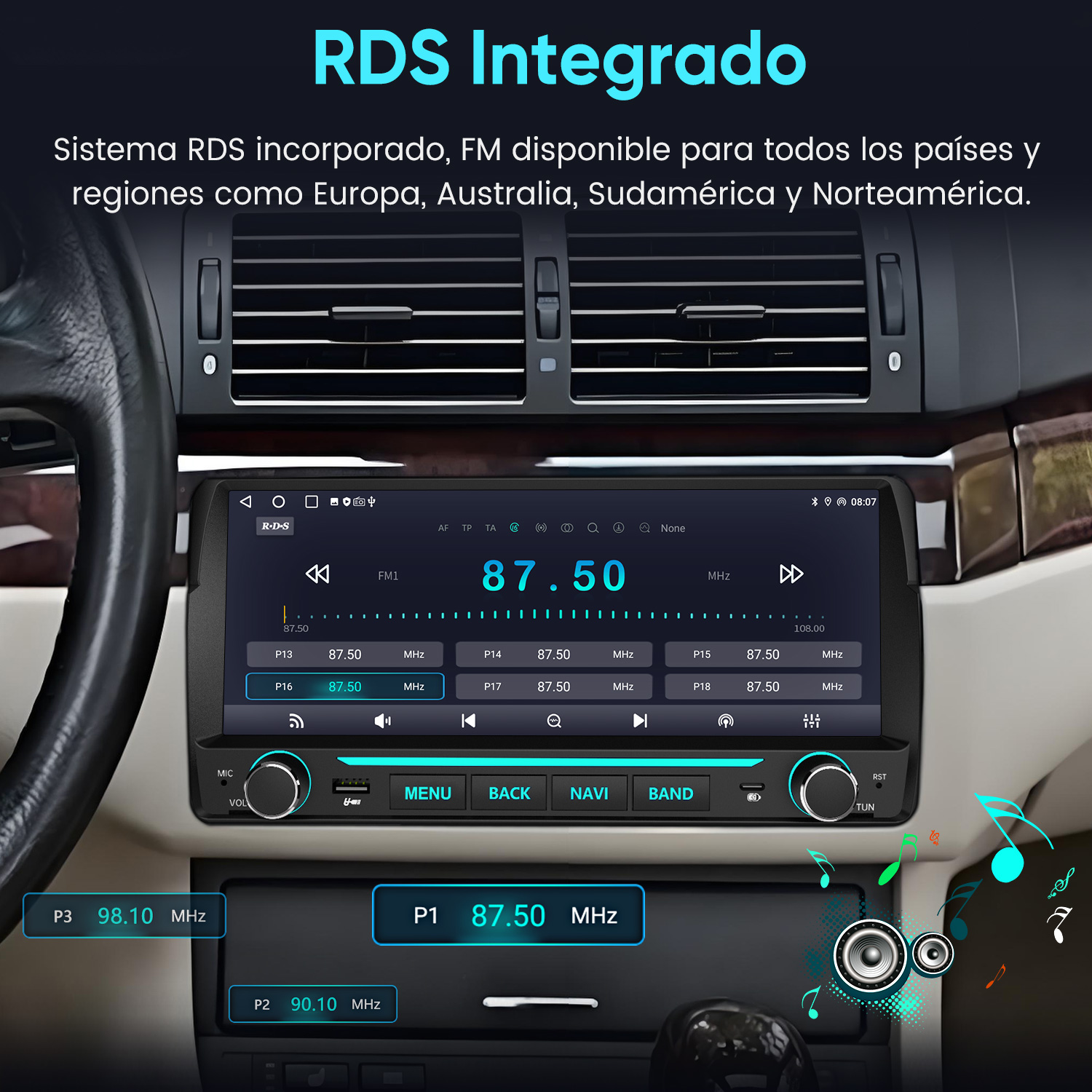Una radio de coche con pantalla táctil y función RDS en el salpicadero.